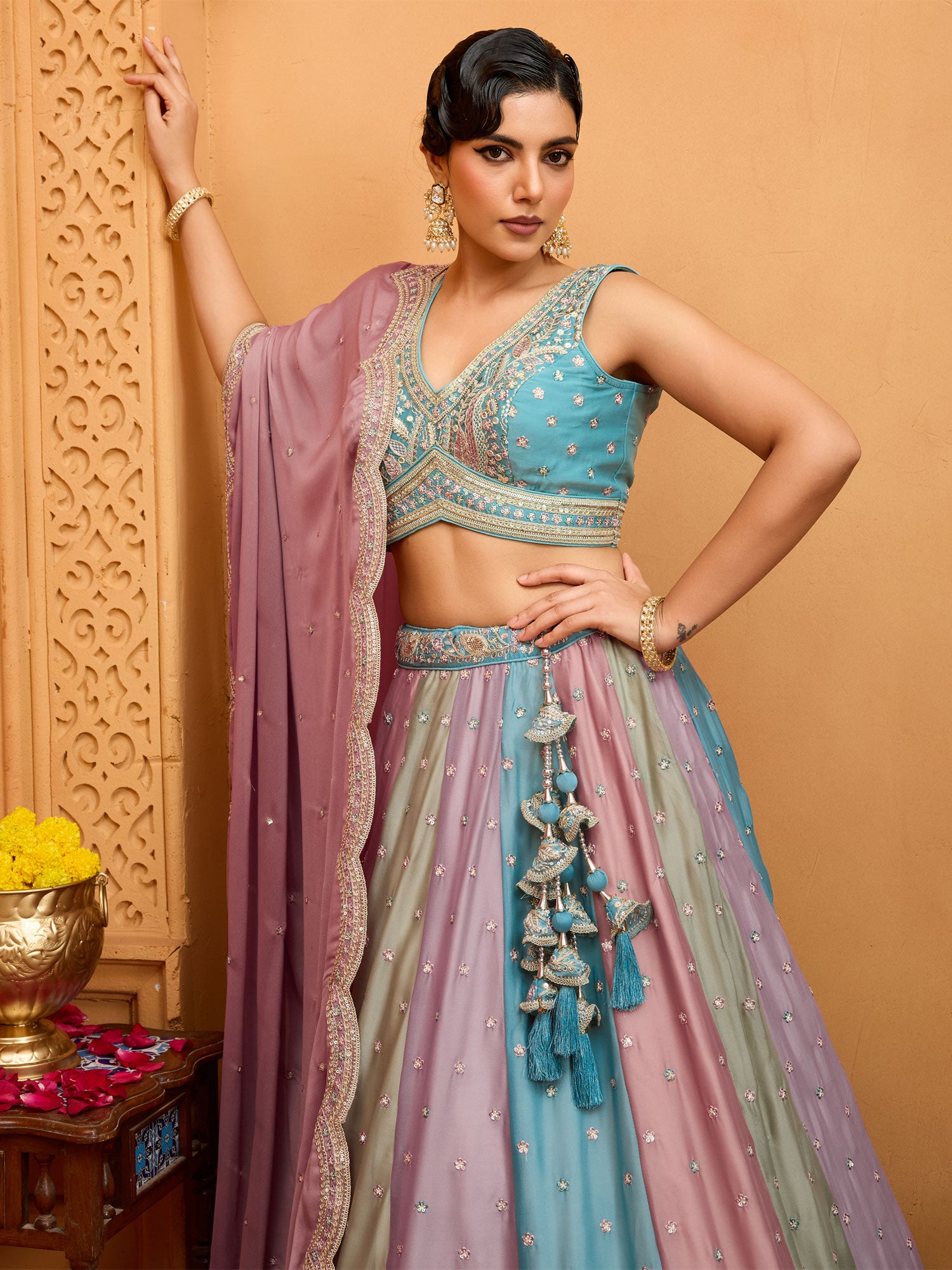 Multicolor Bridesmaid Lehenga Set In Zari Work