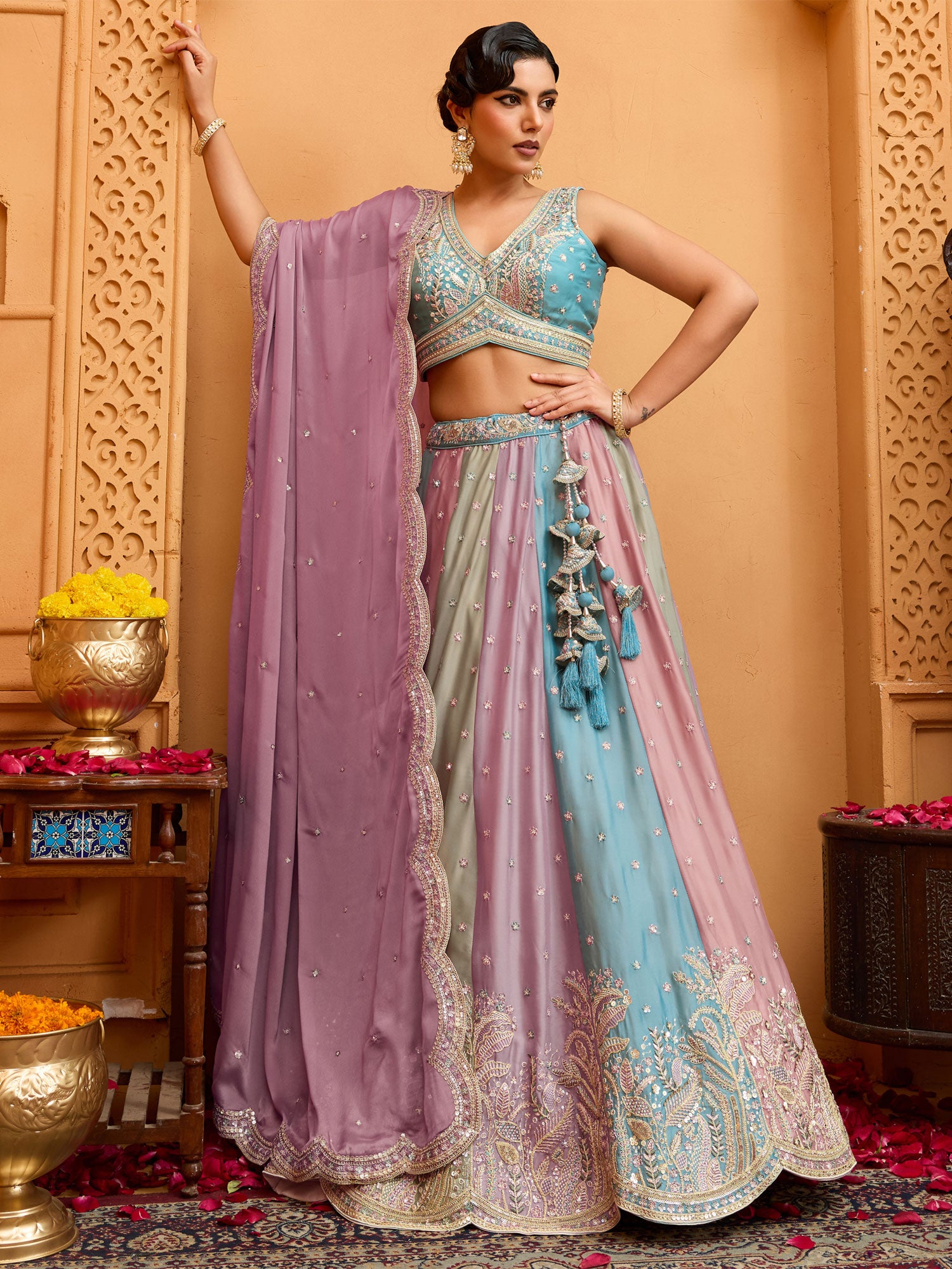 Multicolor Bridesmaid Lehenga Set In Zari Work