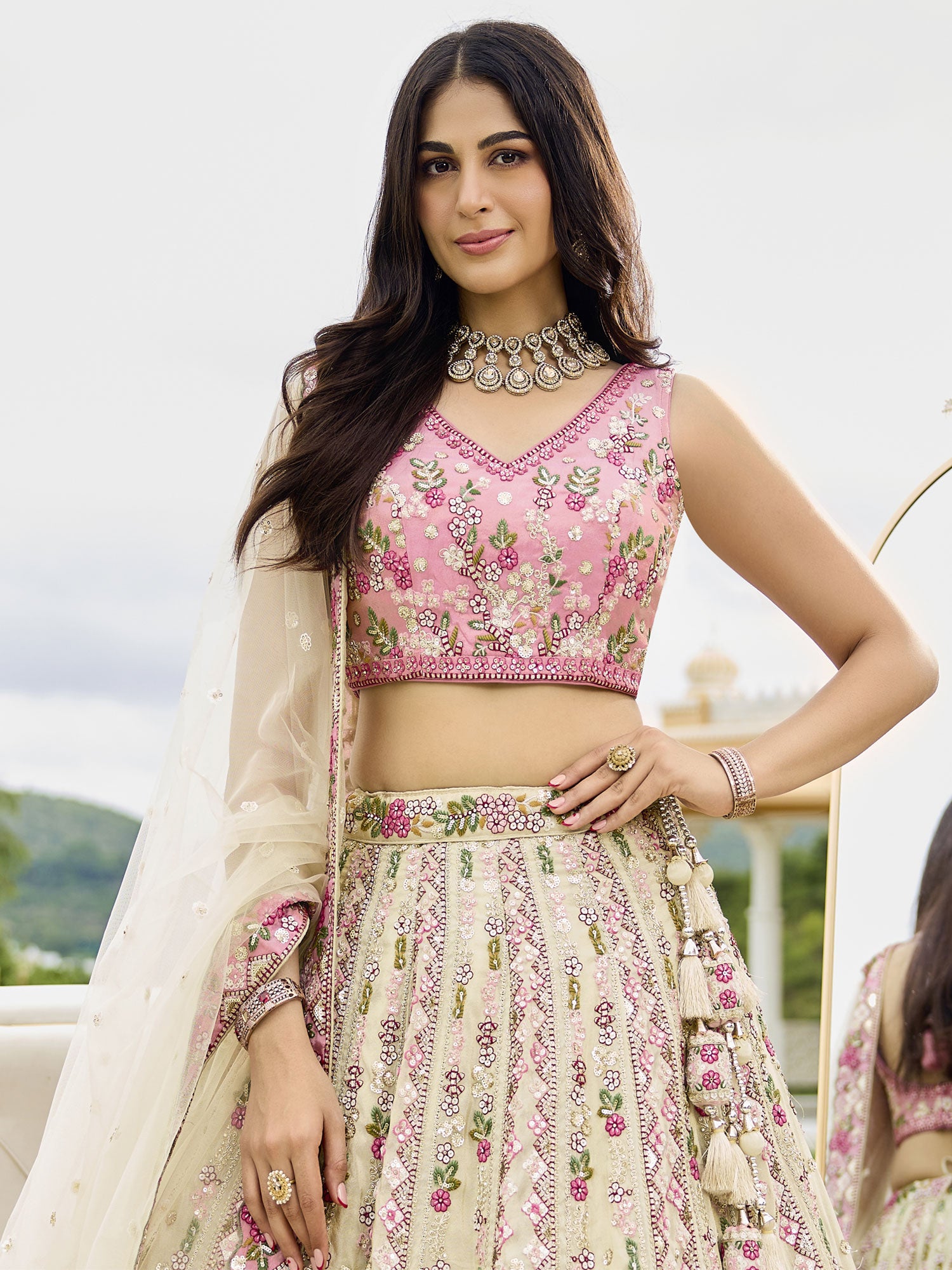 Cream Floral Embellished Bridesmaid Lehenga Choli