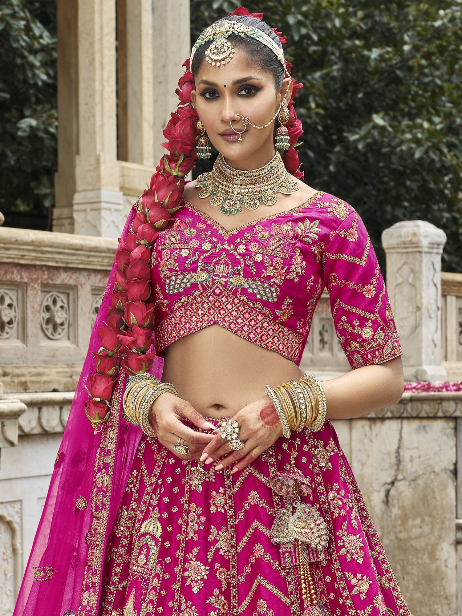 Rani Pink Zari Embellished Traditional Lehenga Set