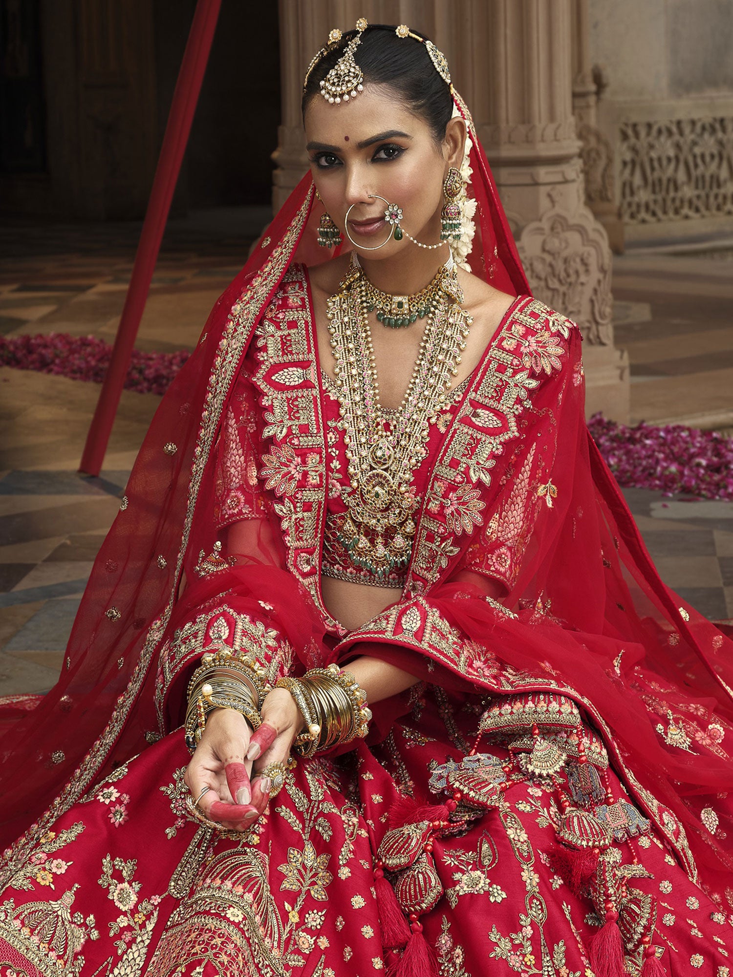 Red Designer Bridal Lehenga Choli In Zari Embroidery