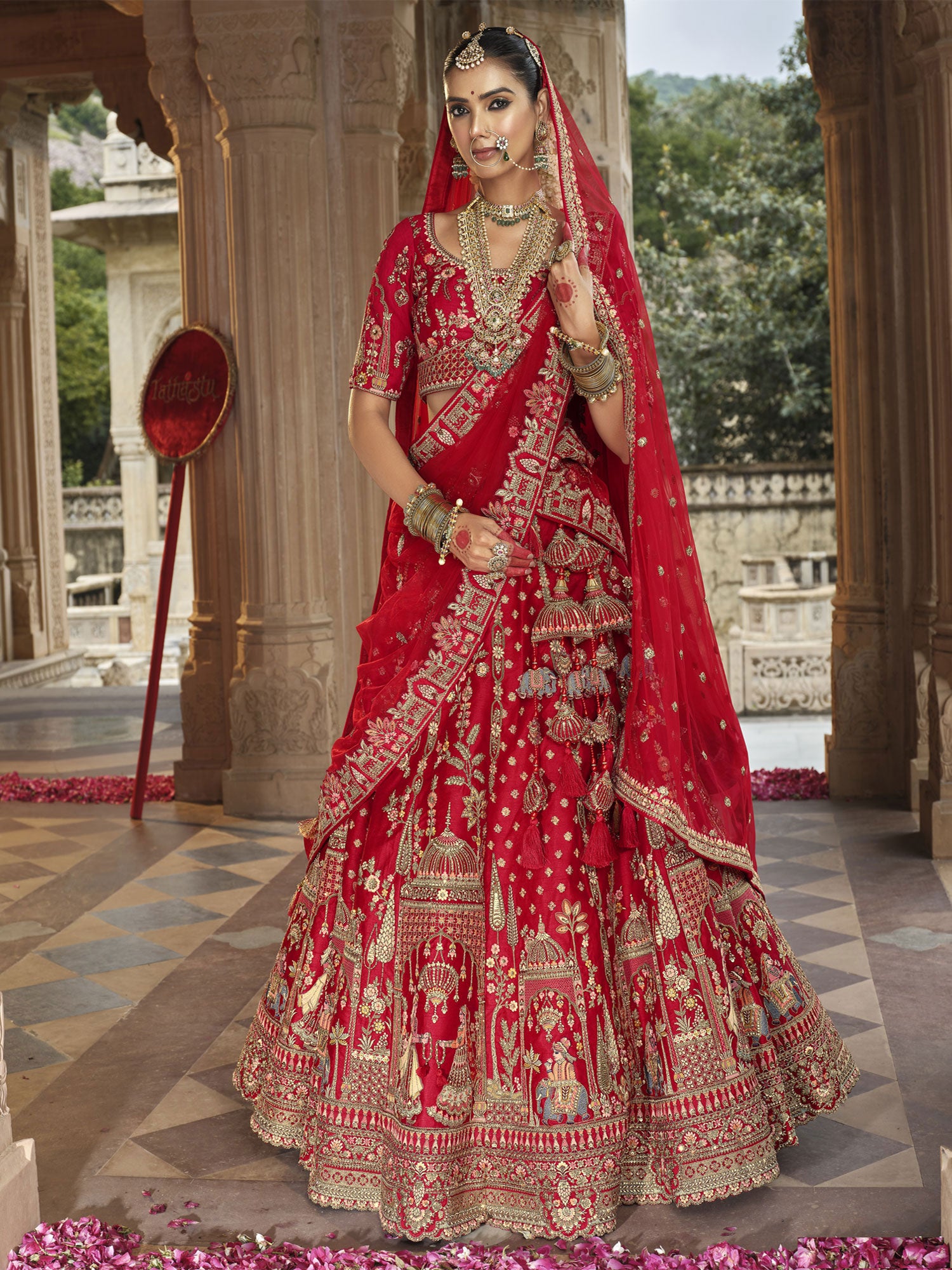 Red Designer Bridal Lehenga Choli In Zari Embroidery