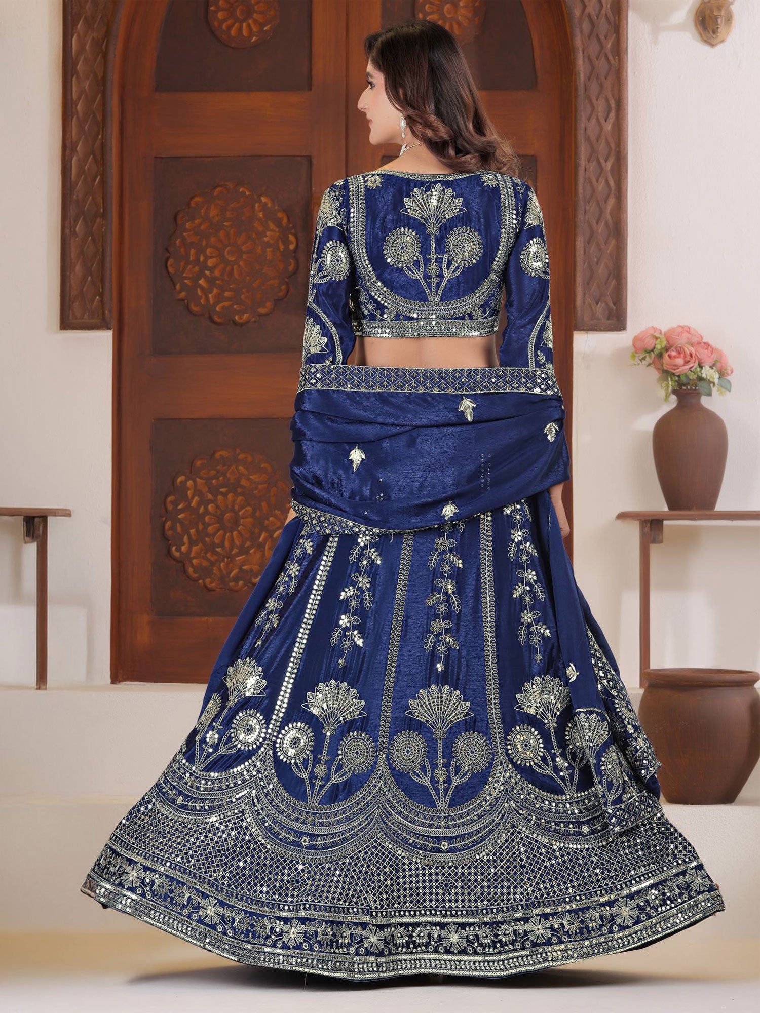 Blue Silver Zari Augmented Silk Lehenga Choli