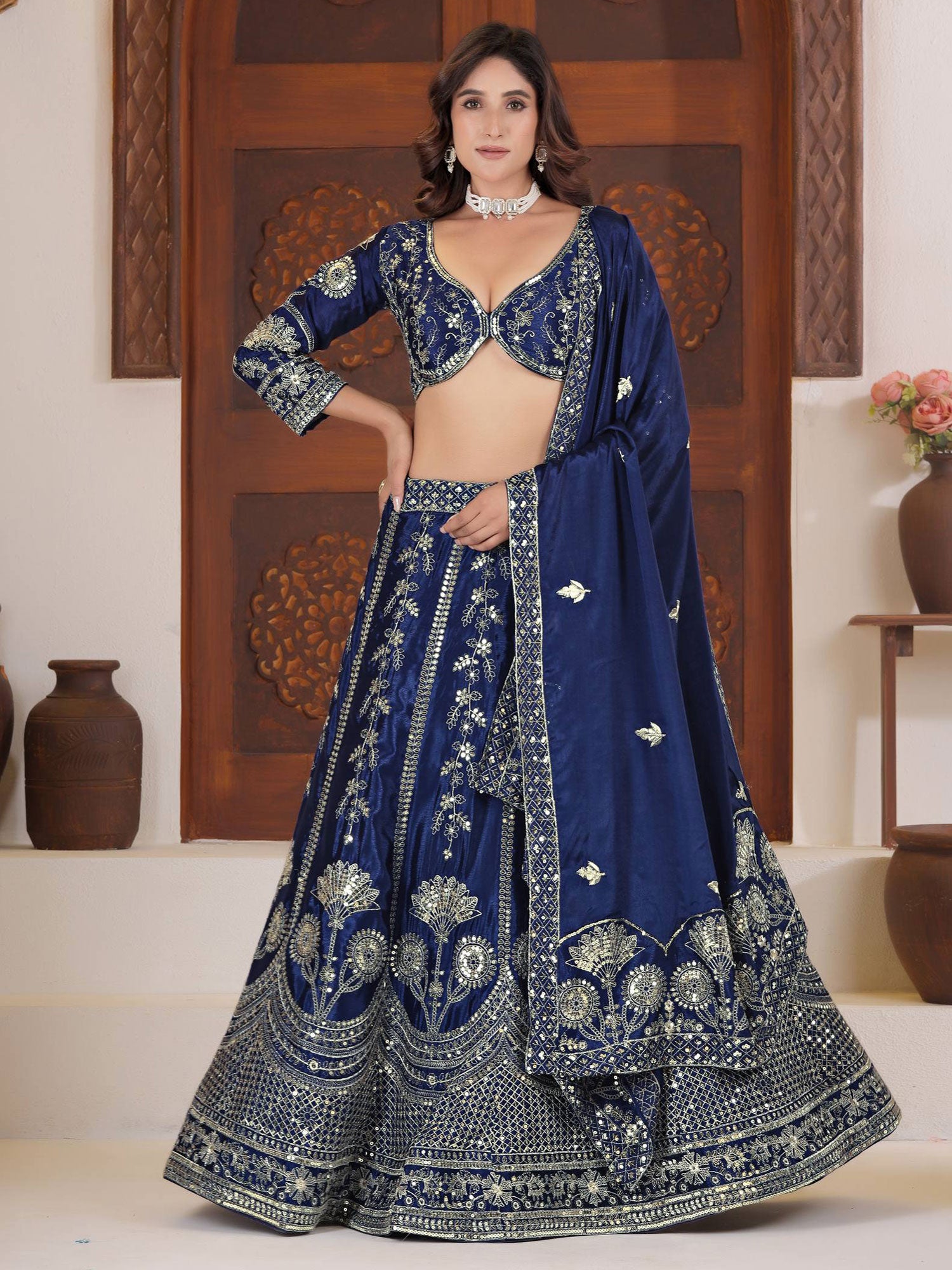 Blue Silver Zari Augmented Silk Lehenga Choli