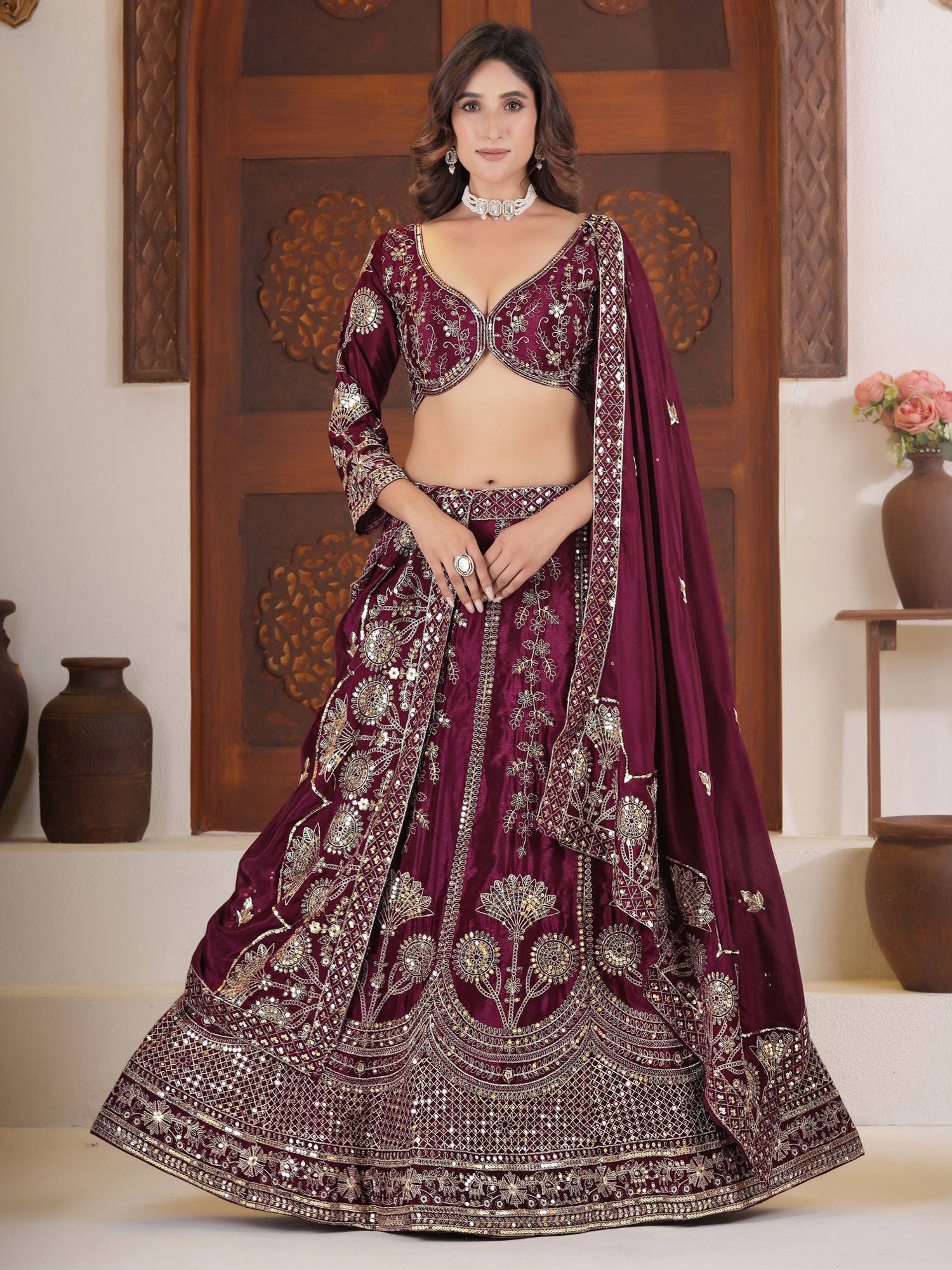 Wine Bridesmaid Lehenga Set With Dupatta In Silk