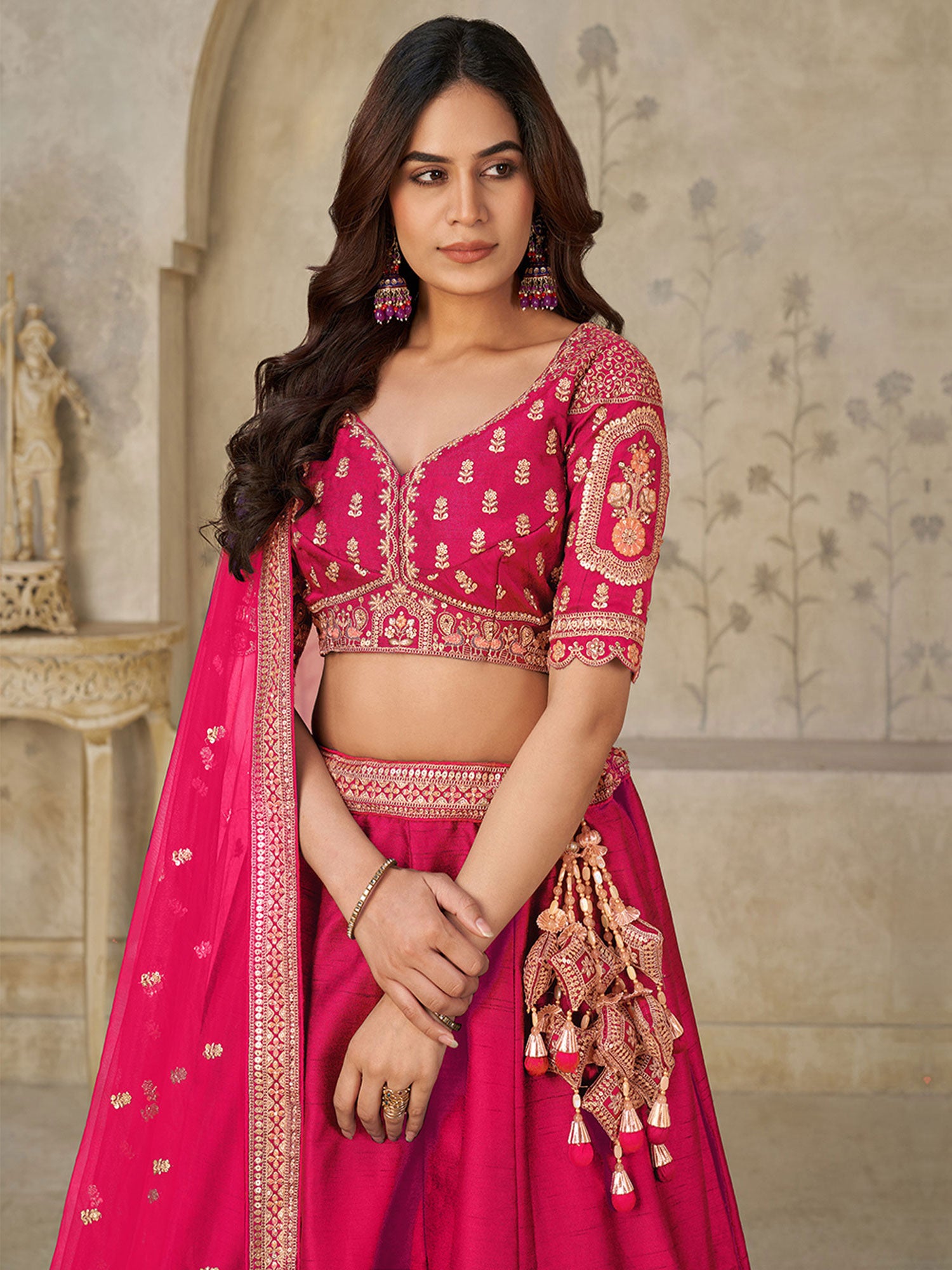 Pink Zari Work Embroidered Lehenga Set With Dupatta