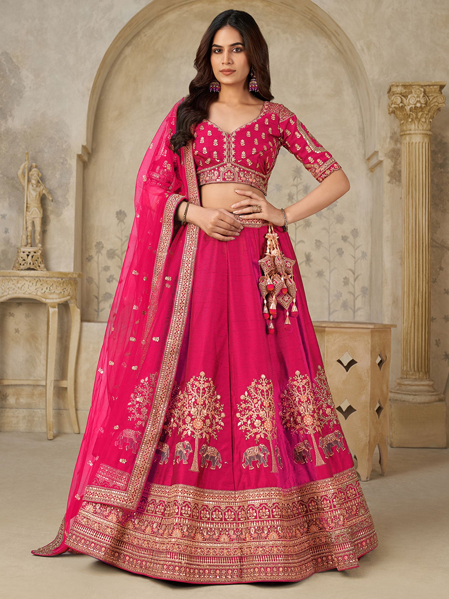 Pink Zari Work Embroidered Lehenga Set With Dupatta