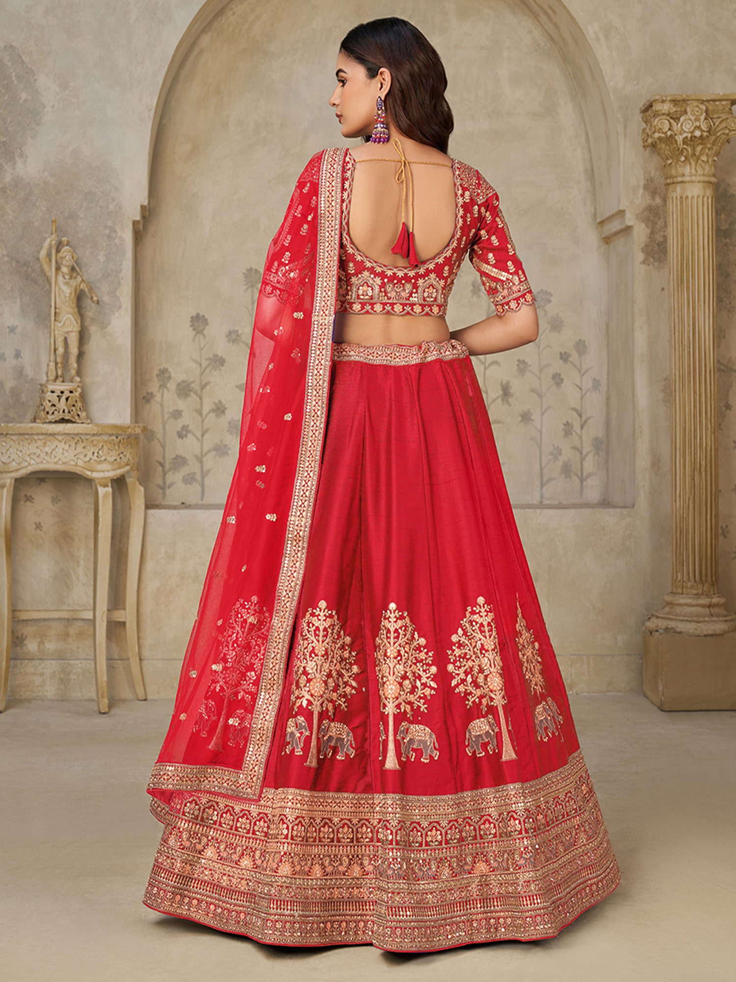 Red Traditional Lehenga Set With Net Dupatta