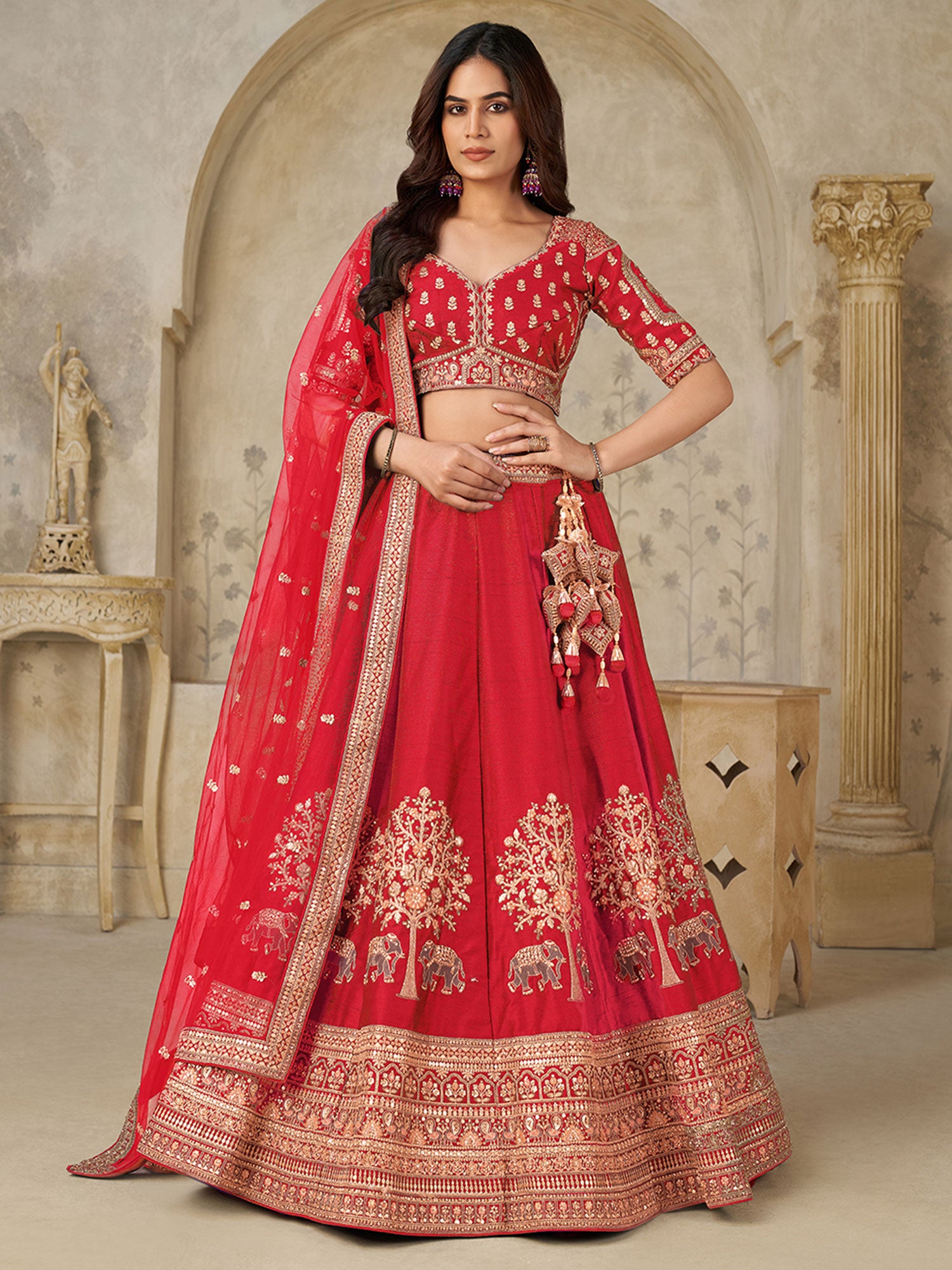 Red Traditional Lehenga Set With Net Dupatta