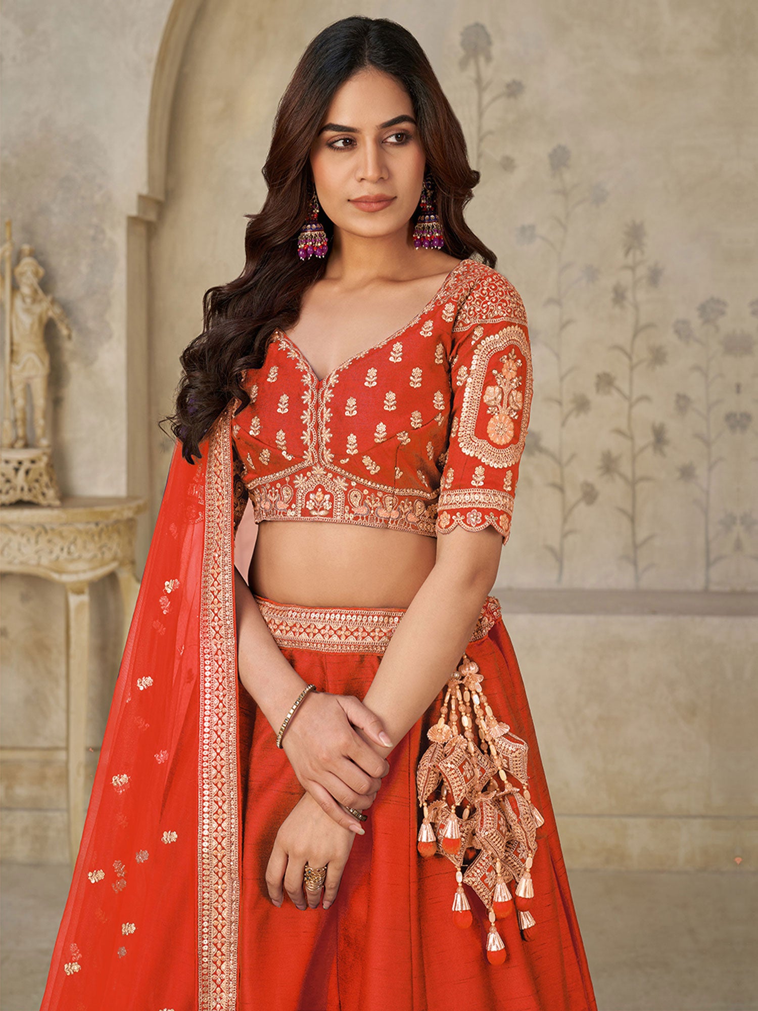 Orange Wedding Silk Lehenga Choli In Zari Work