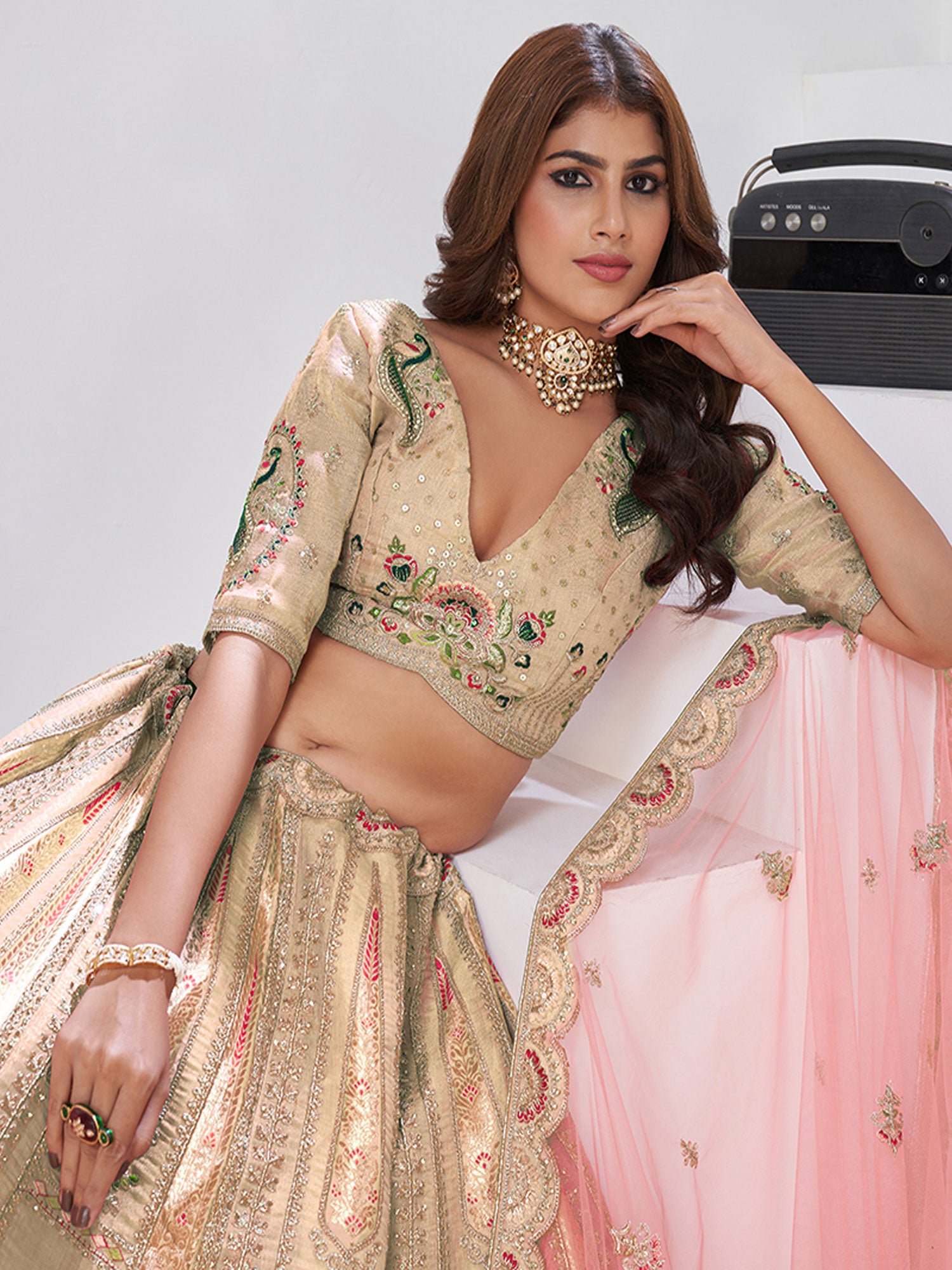 Beige Designer Lehenga Choli In Banarasi Silk