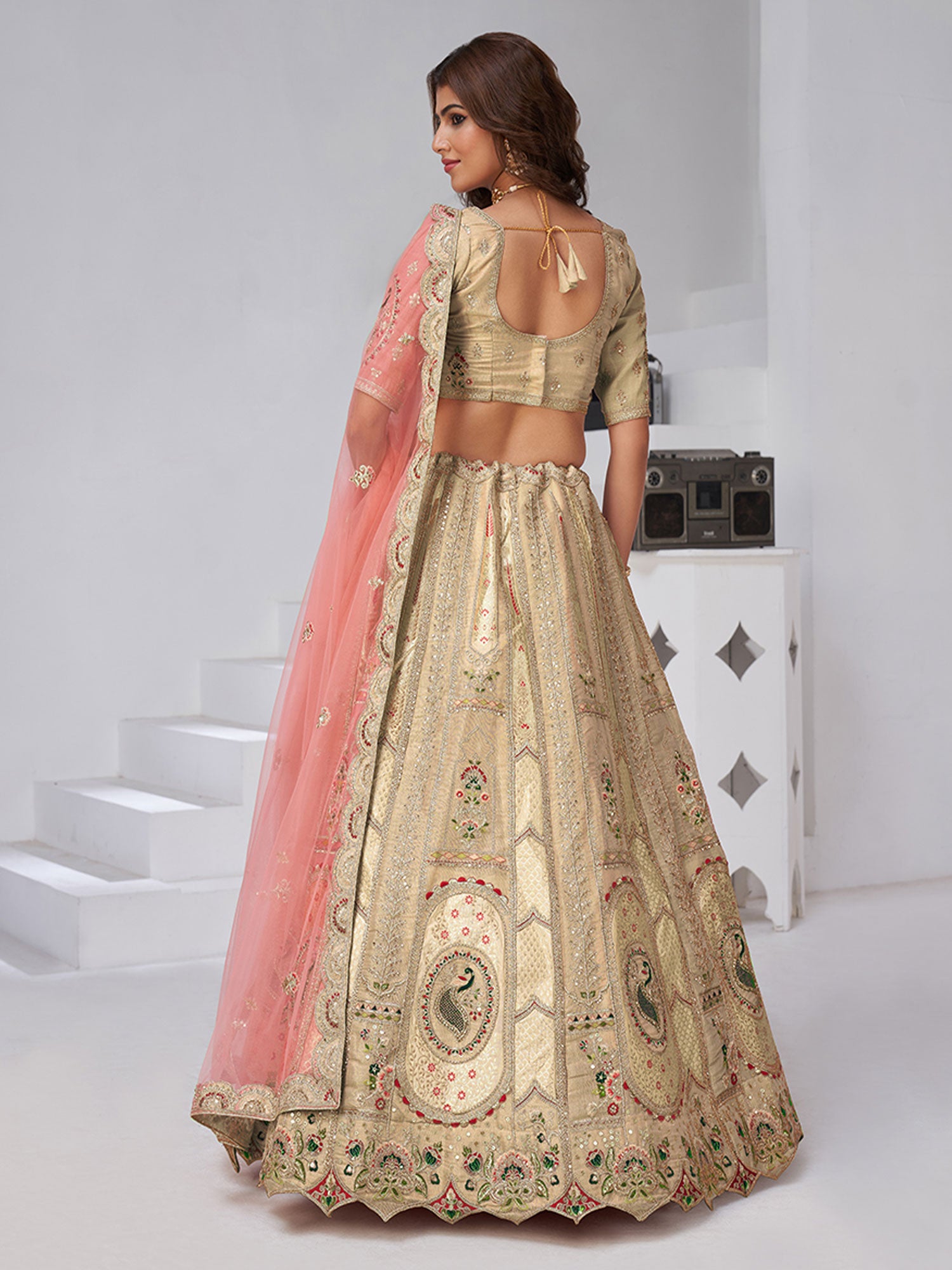 Beige Designer Lehenga Choli In Banarasi Silk