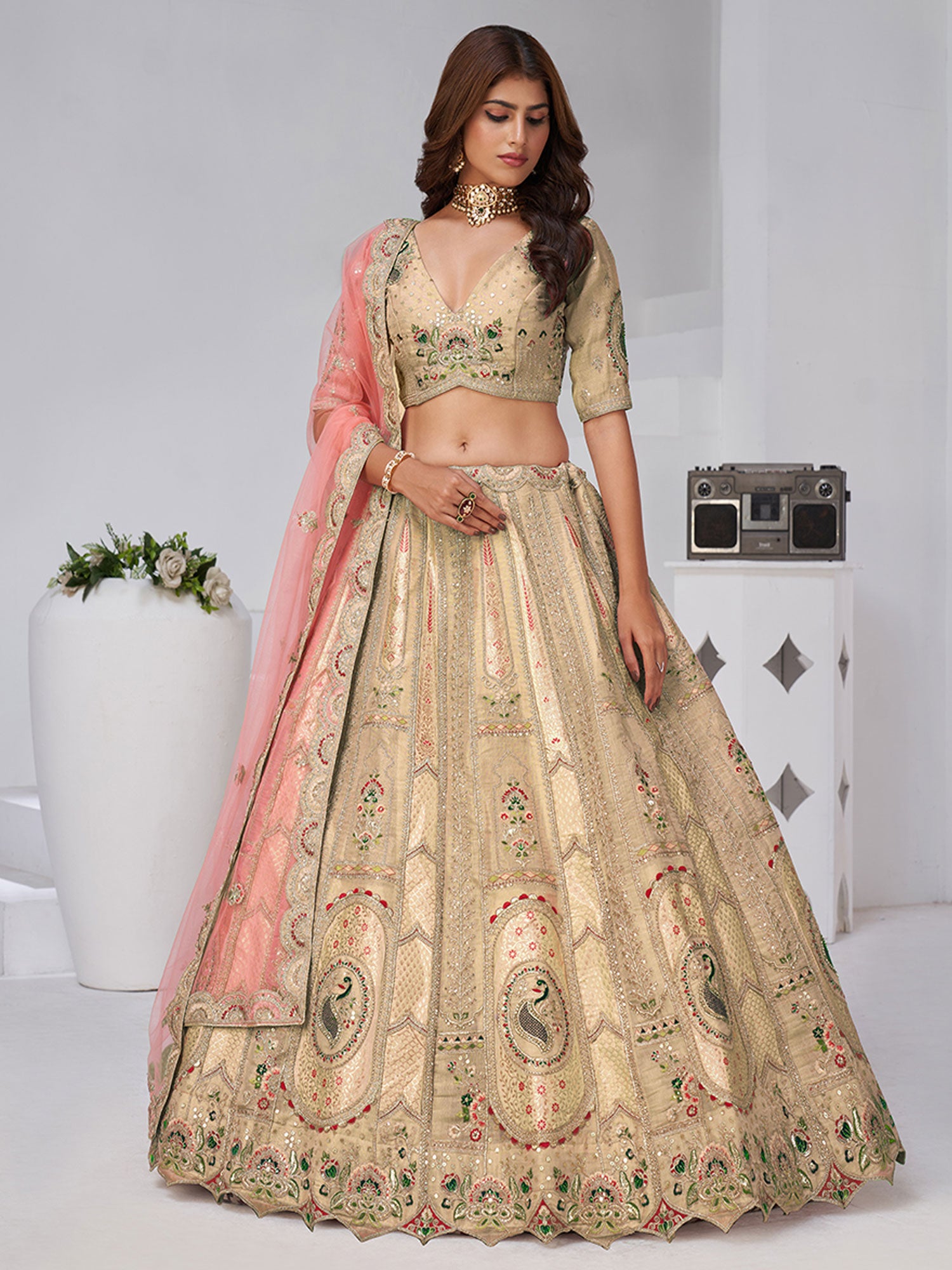 Beige Designer Lehenga Choli In Banarasi Silk