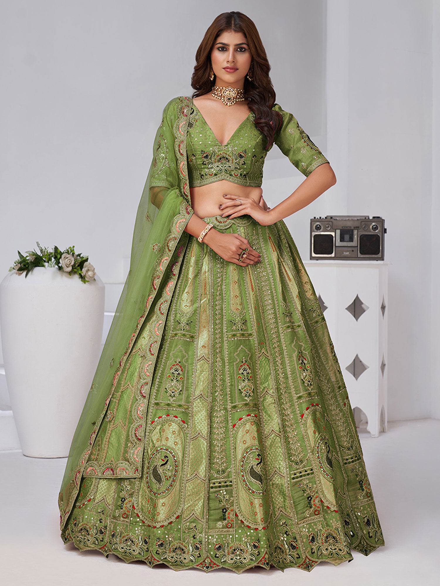 Green Stone Embellished Traditional Lehenga Set