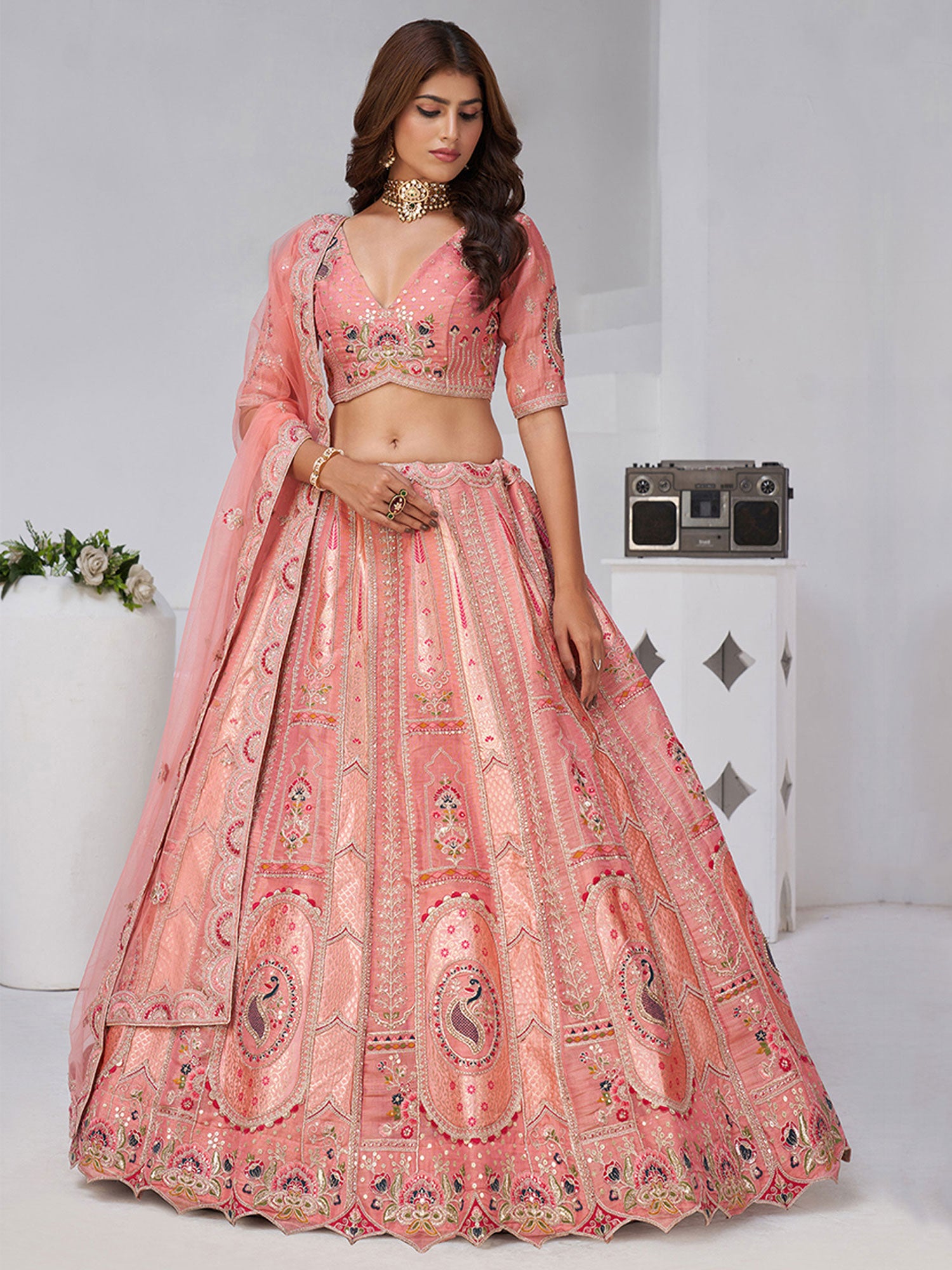 Pink Zari Woven Work Bridesmaid Lehenga Choli