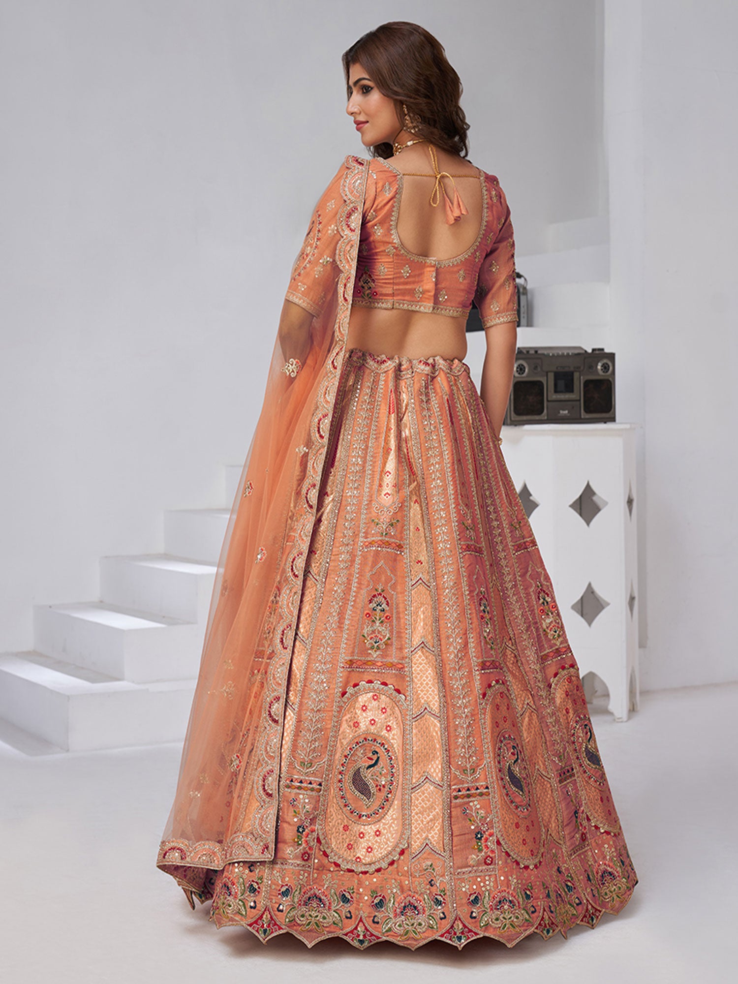 Orange Traditional Lehenga Set With Net Dupatta