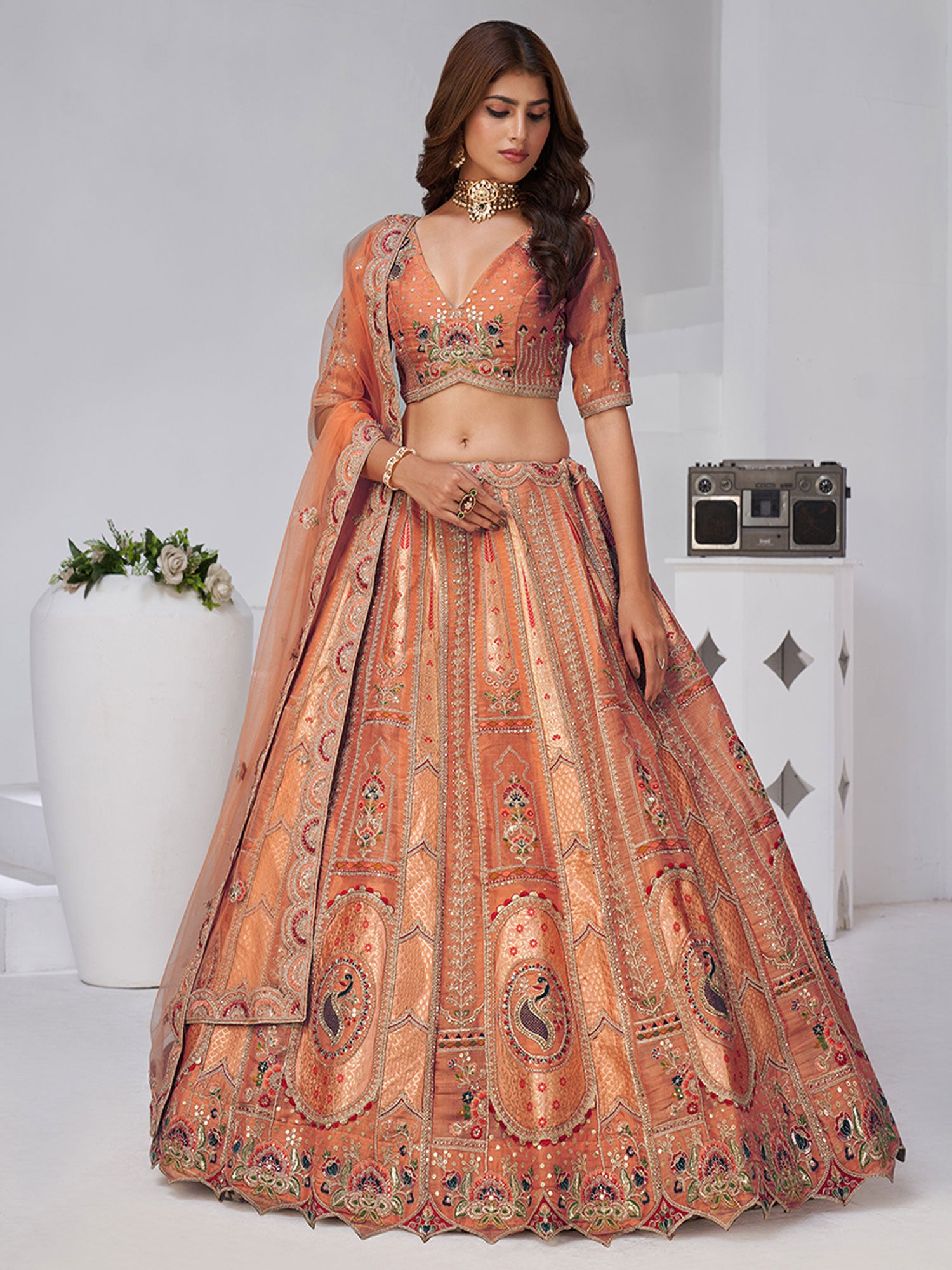 Orange Traditional Lehenga Set With Net Dupatta