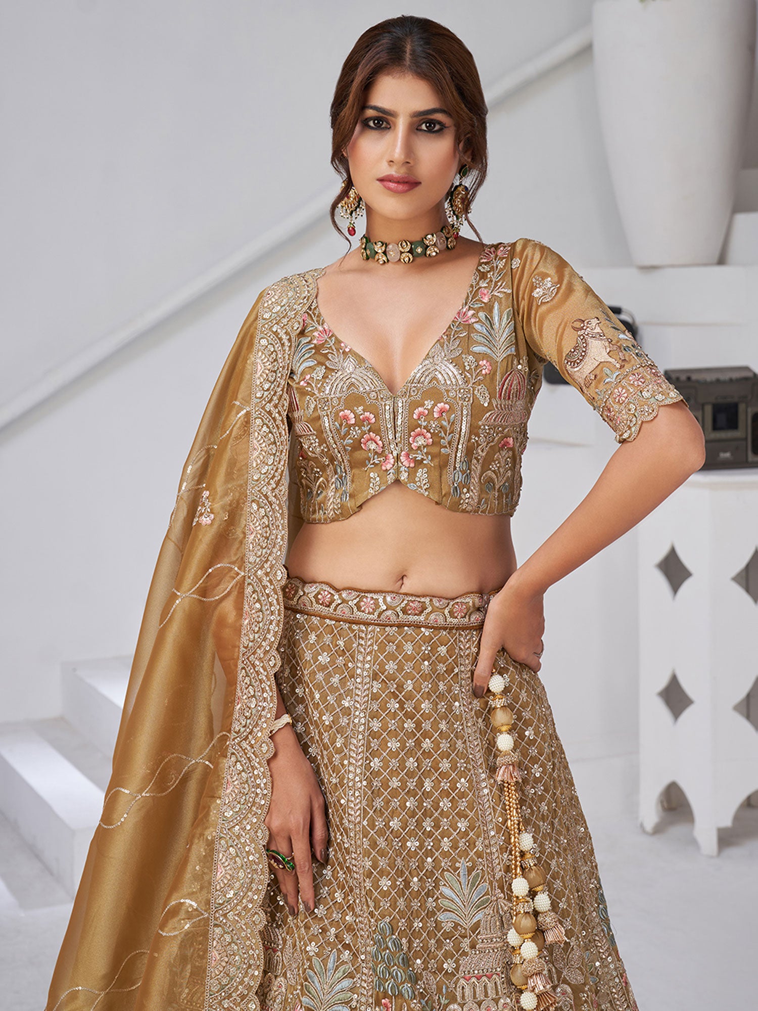 Golden Bridesmaid Lehenga Set With Dupatta In Net