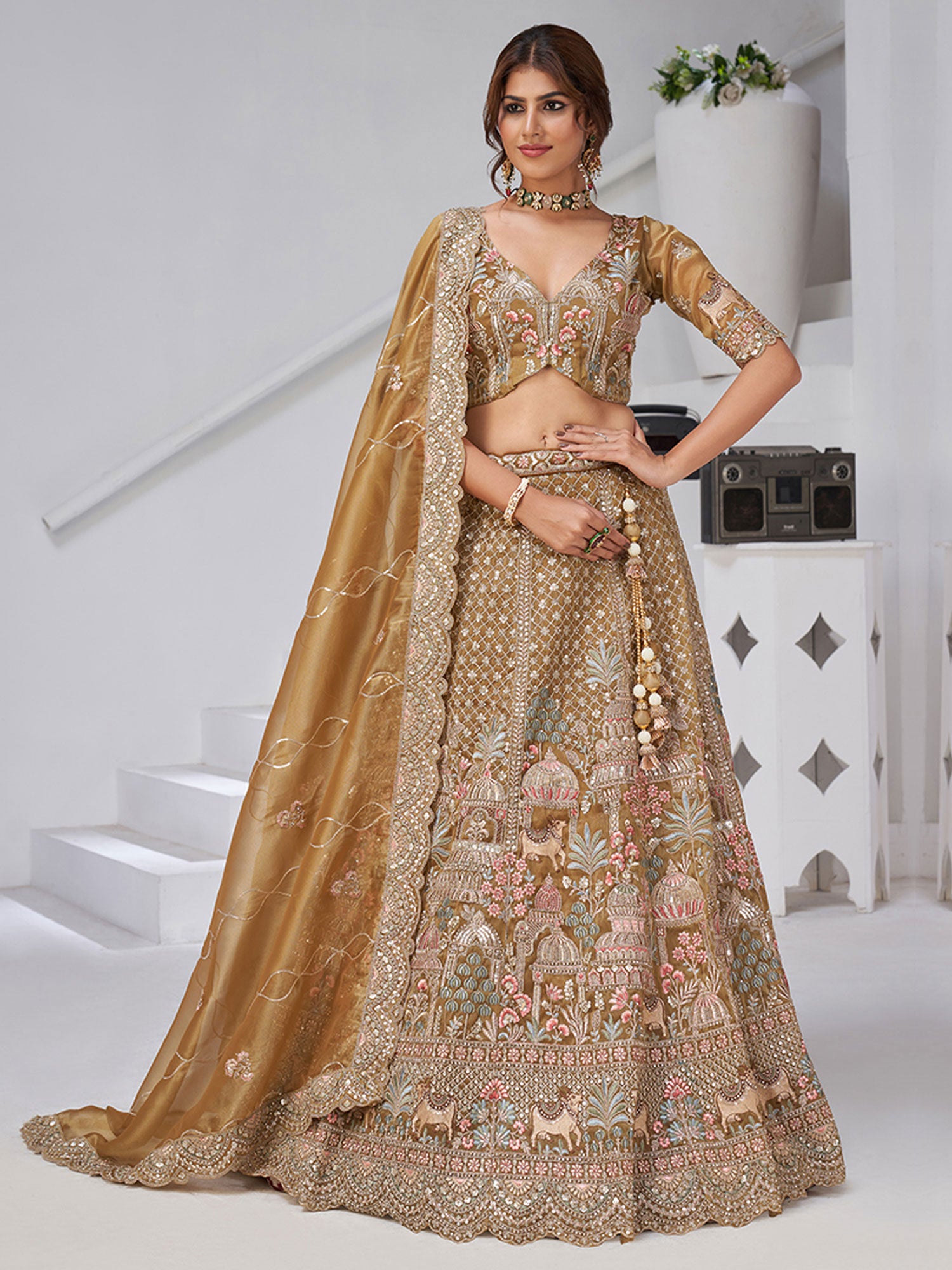Golden Bridesmaid Lehenga Set With Dupatta In Net