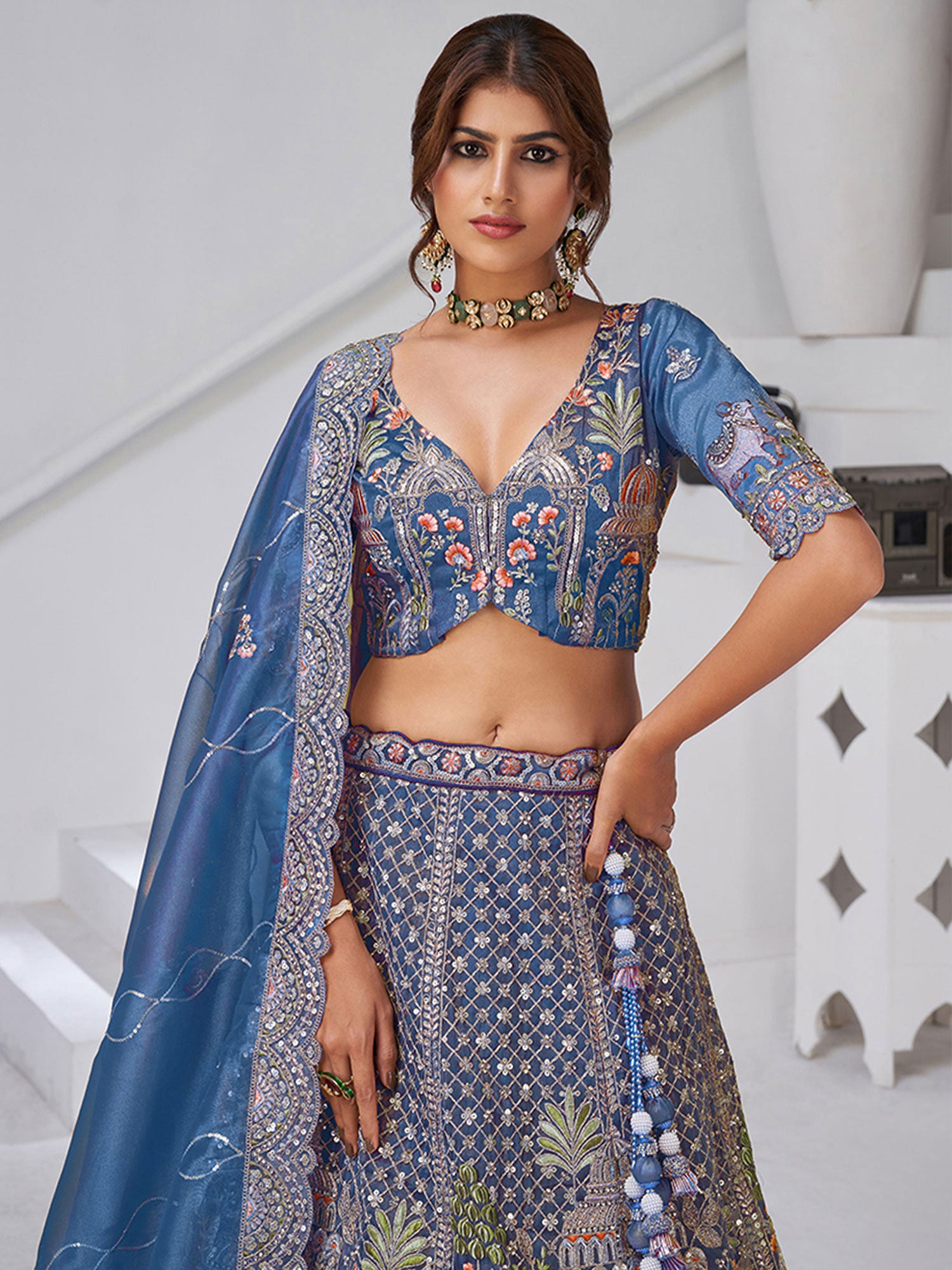 Blue Sequins Work Augmented Silk Lehenga Set