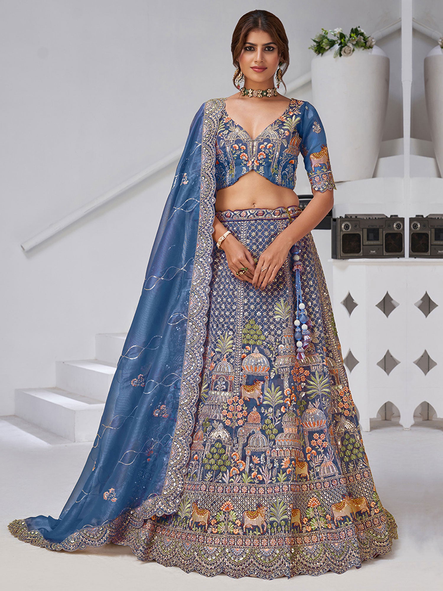 Blue Sequins Work Augmented Silk Lehenga Set