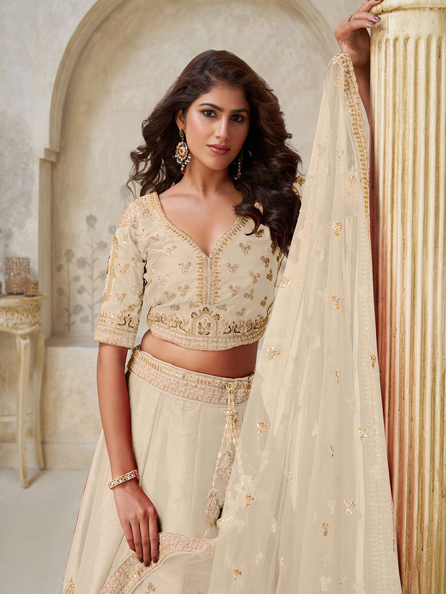 Beige Zari Embroidered Festive Lehenga Choli
