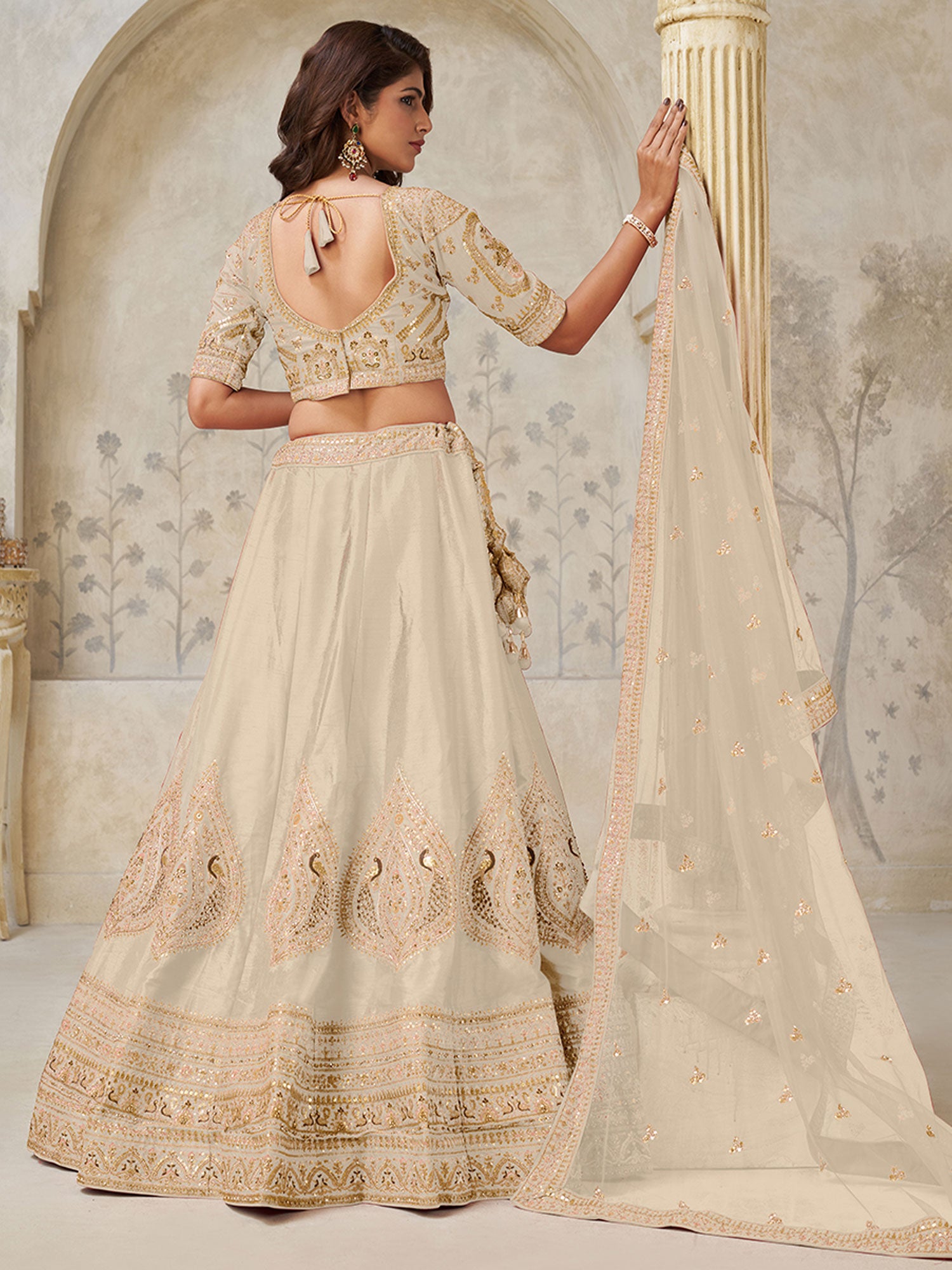 Beige Zari Embroidered Festive Lehenga Choli