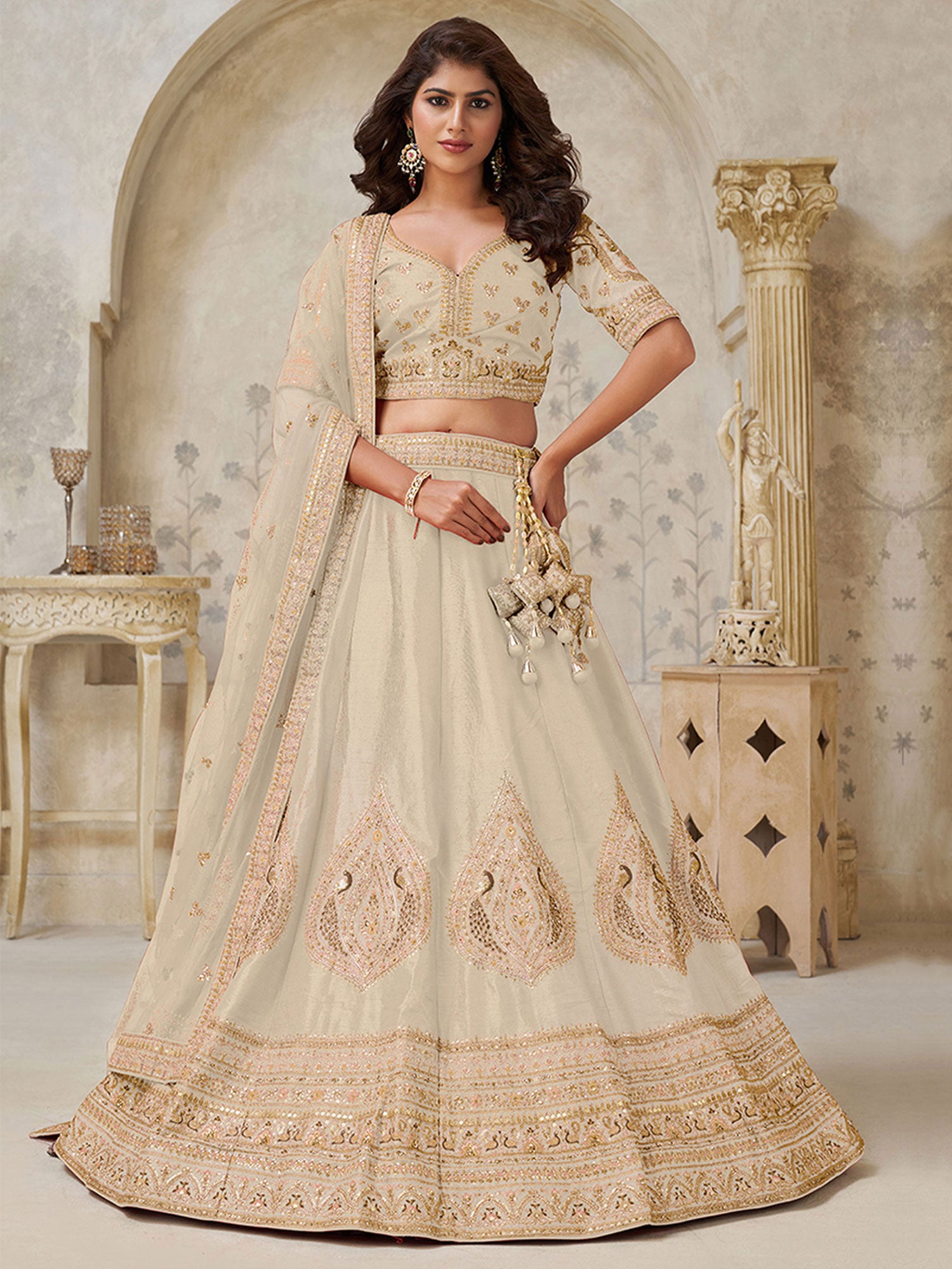 Beige Zari Embroidered Festive Lehenga Choli