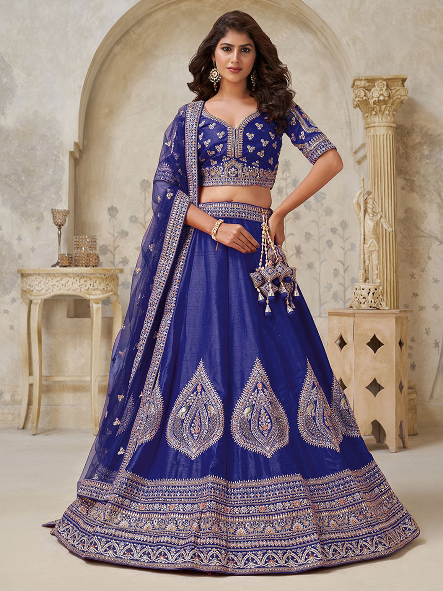 Blue Sequins Augmented Lehenga Set With Dupatta