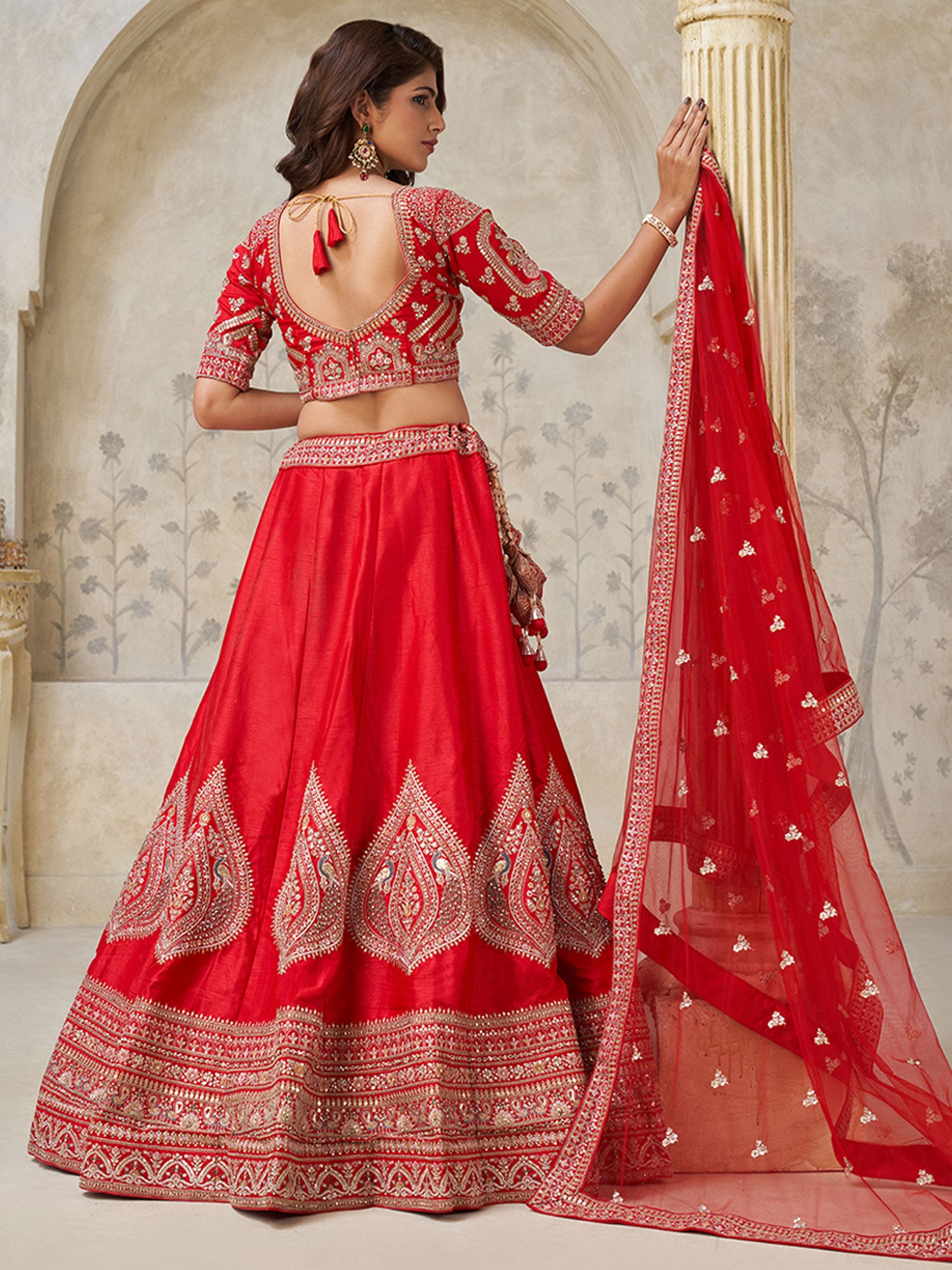 Red Embroidered Bridesmaid Lehenga Set In Silk