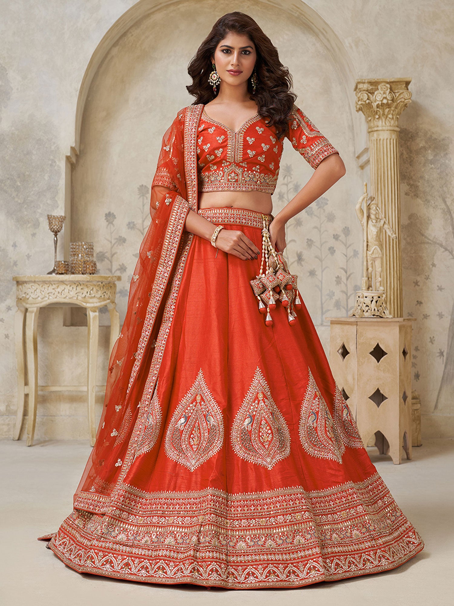 Orange Bridesmaid Lehenga Choli In Zari Work