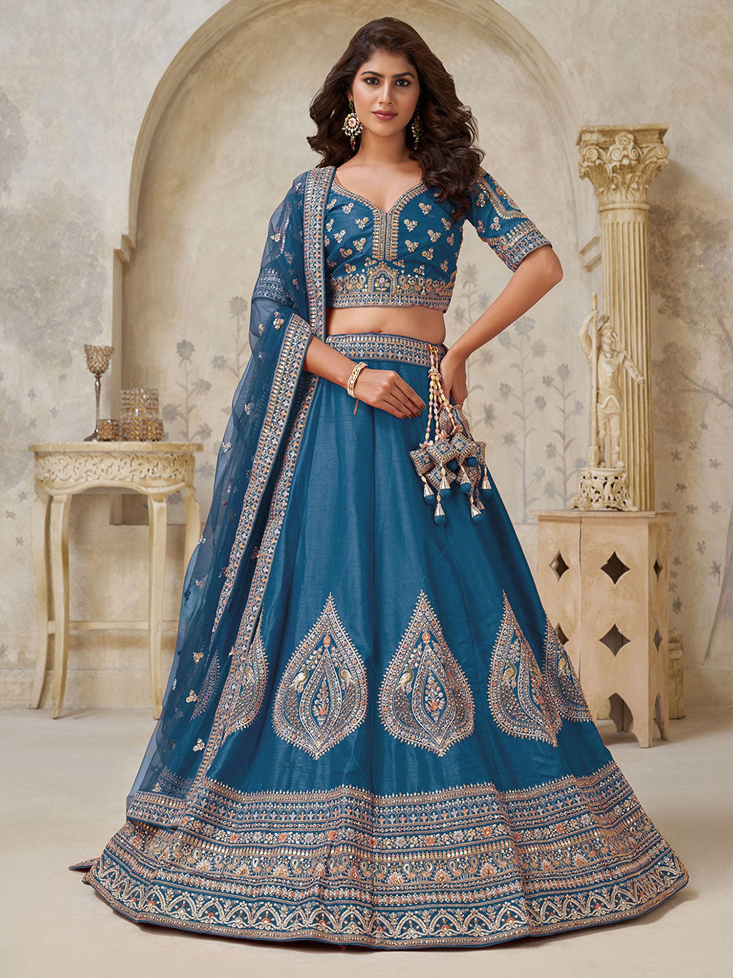 Blue Festive Lehenga Set With Soft Net Dupatta
