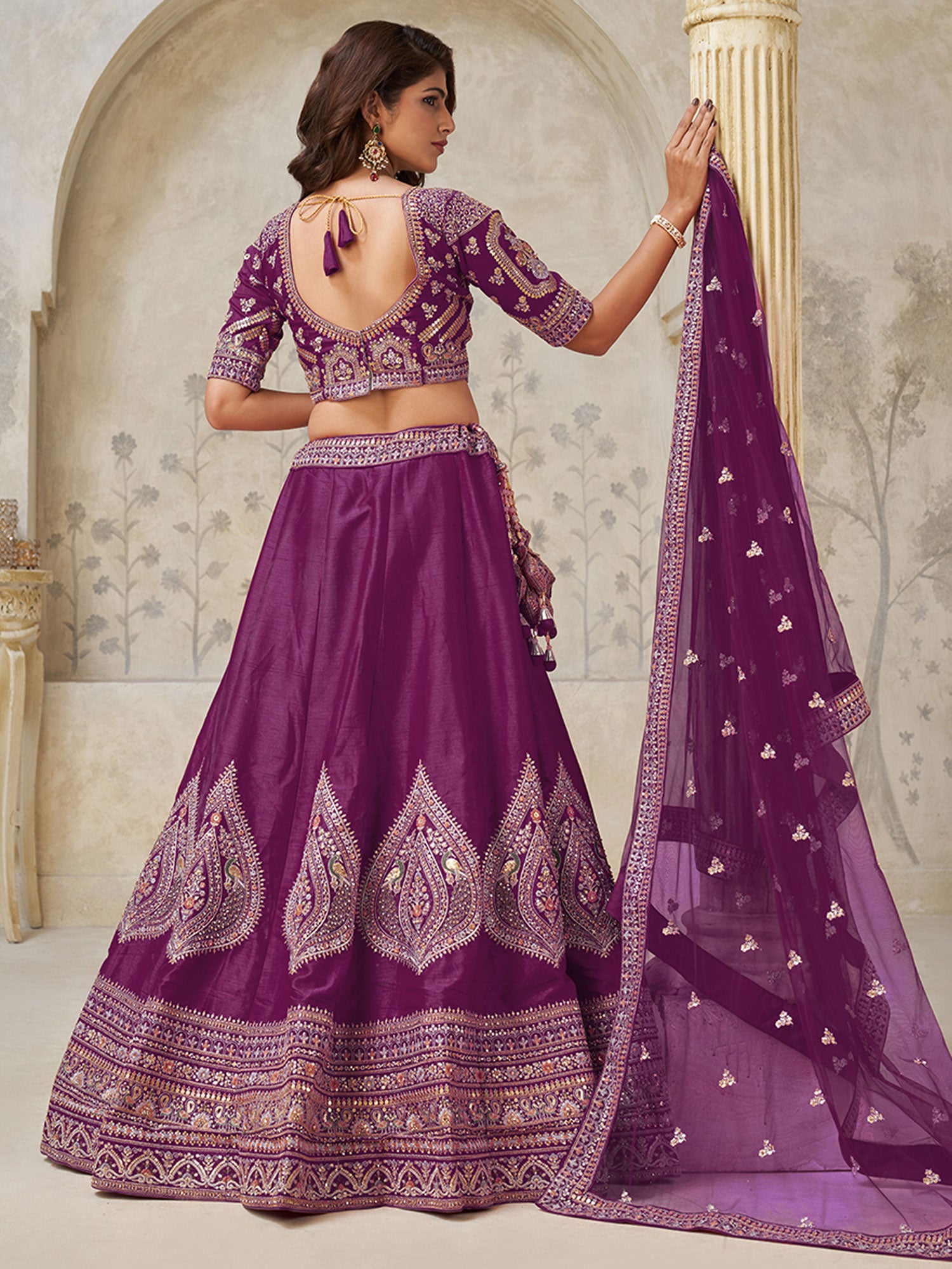 Purple Zari Work Embellished Silk Lehenga Set