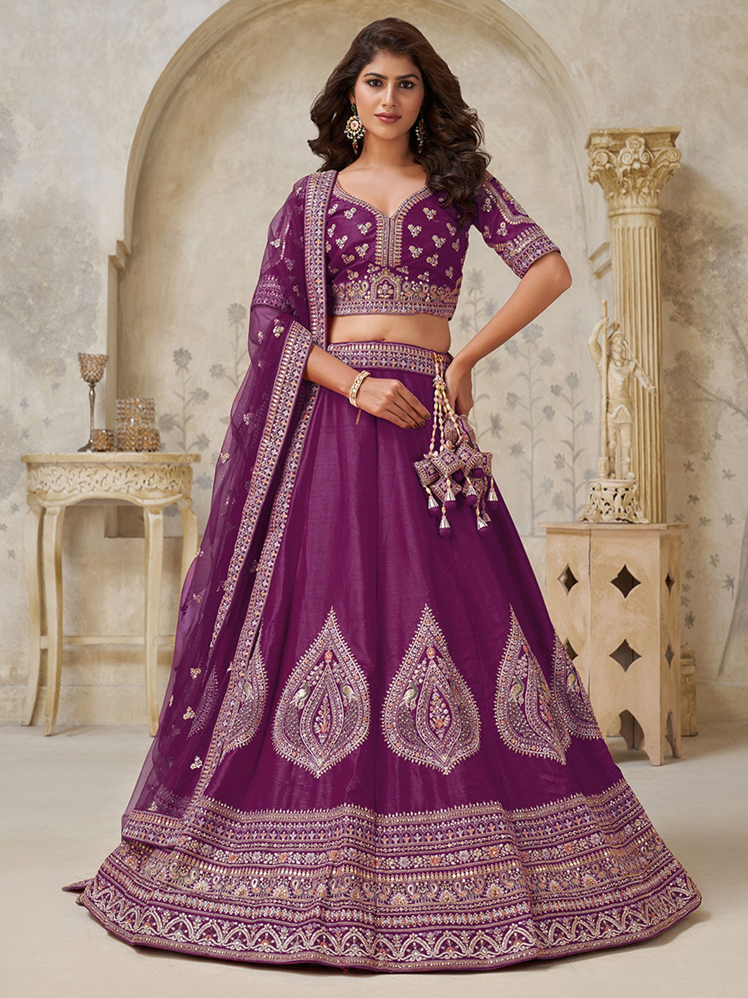 Purple Zari Work Embellished Silk Lehenga Set