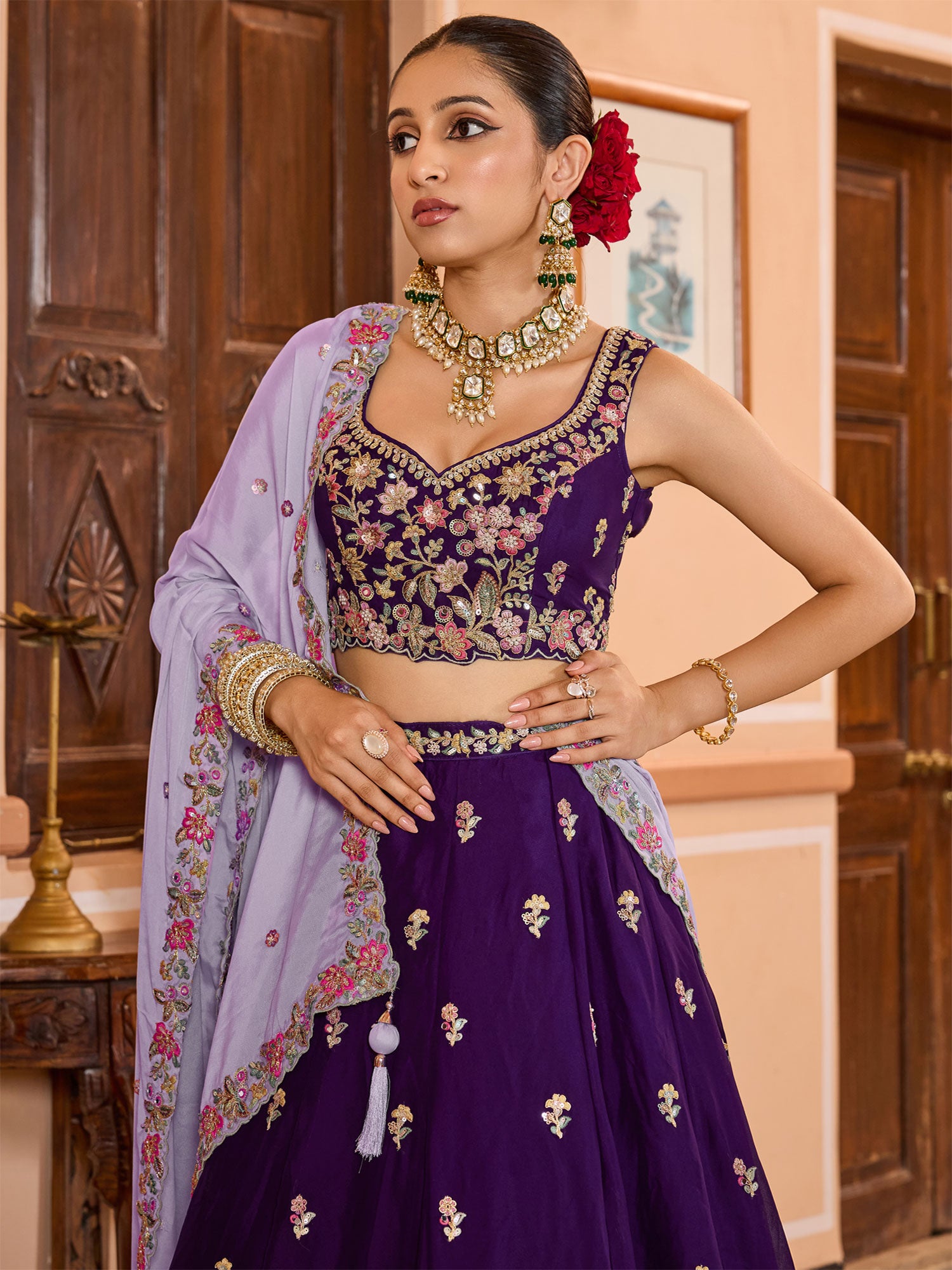 Deep Purple Floral Work Georgette Lehenga Set