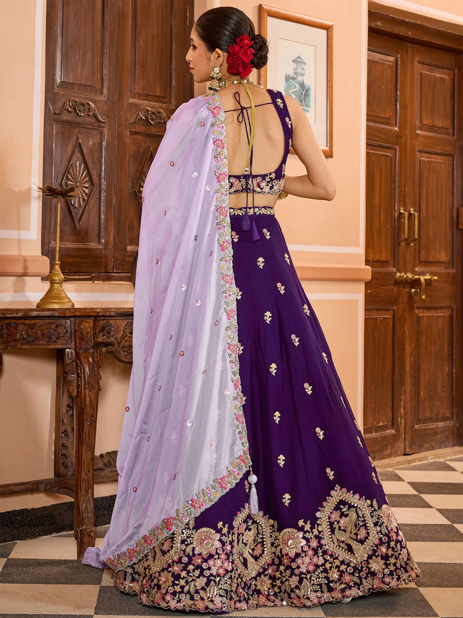 Deep Purple Floral Work Georgette Lehenga Set