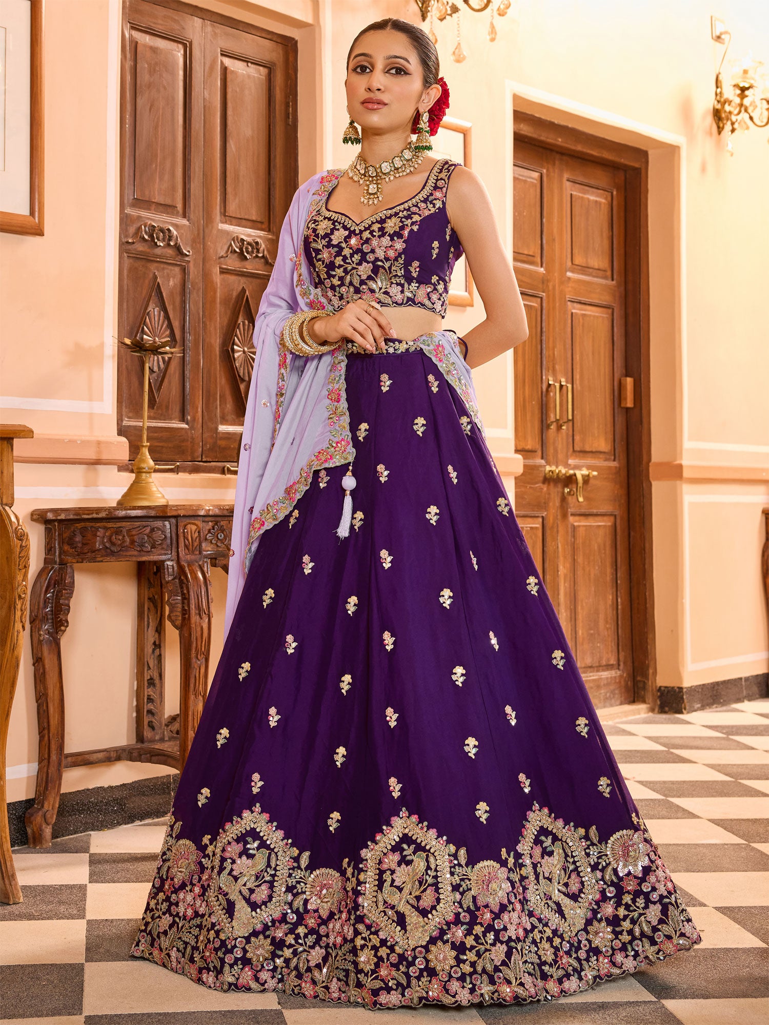 Deep Purple Floral Work Georgette Lehenga Set