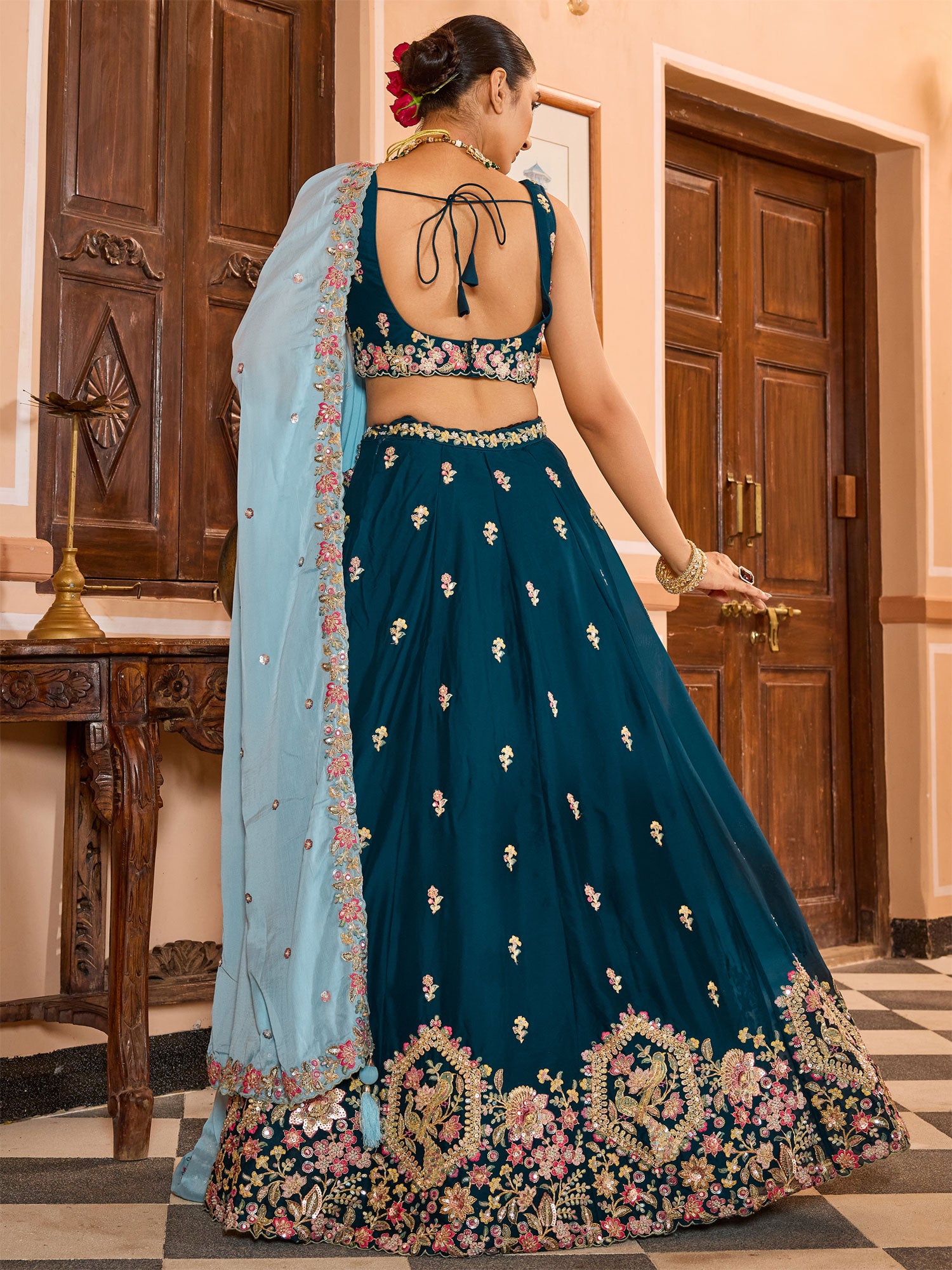 Teal Blue Wedding Wear Lehenga Choli In Georgette