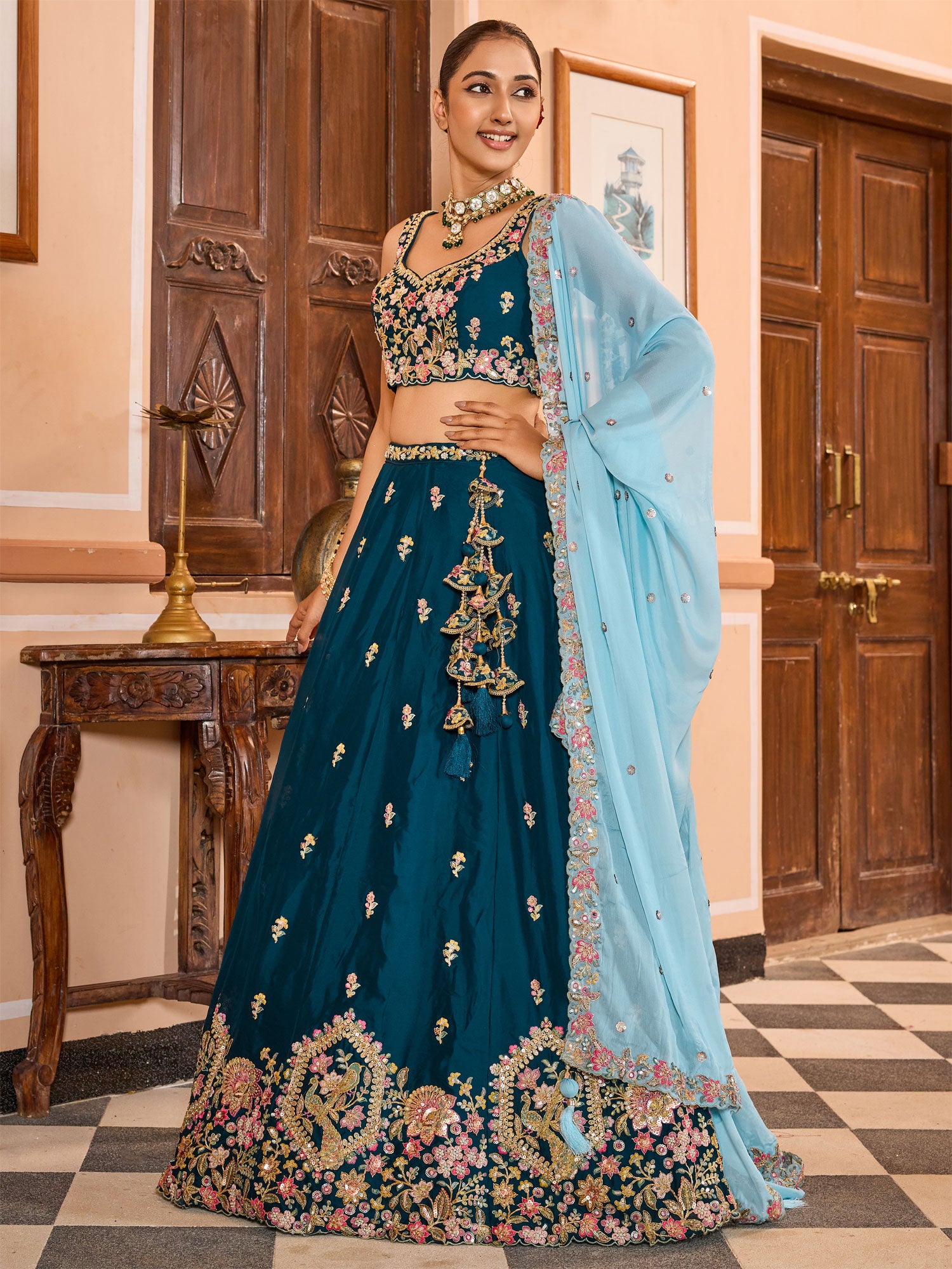 Teal Blue Wedding Wear Lehenga Choli In Georgette