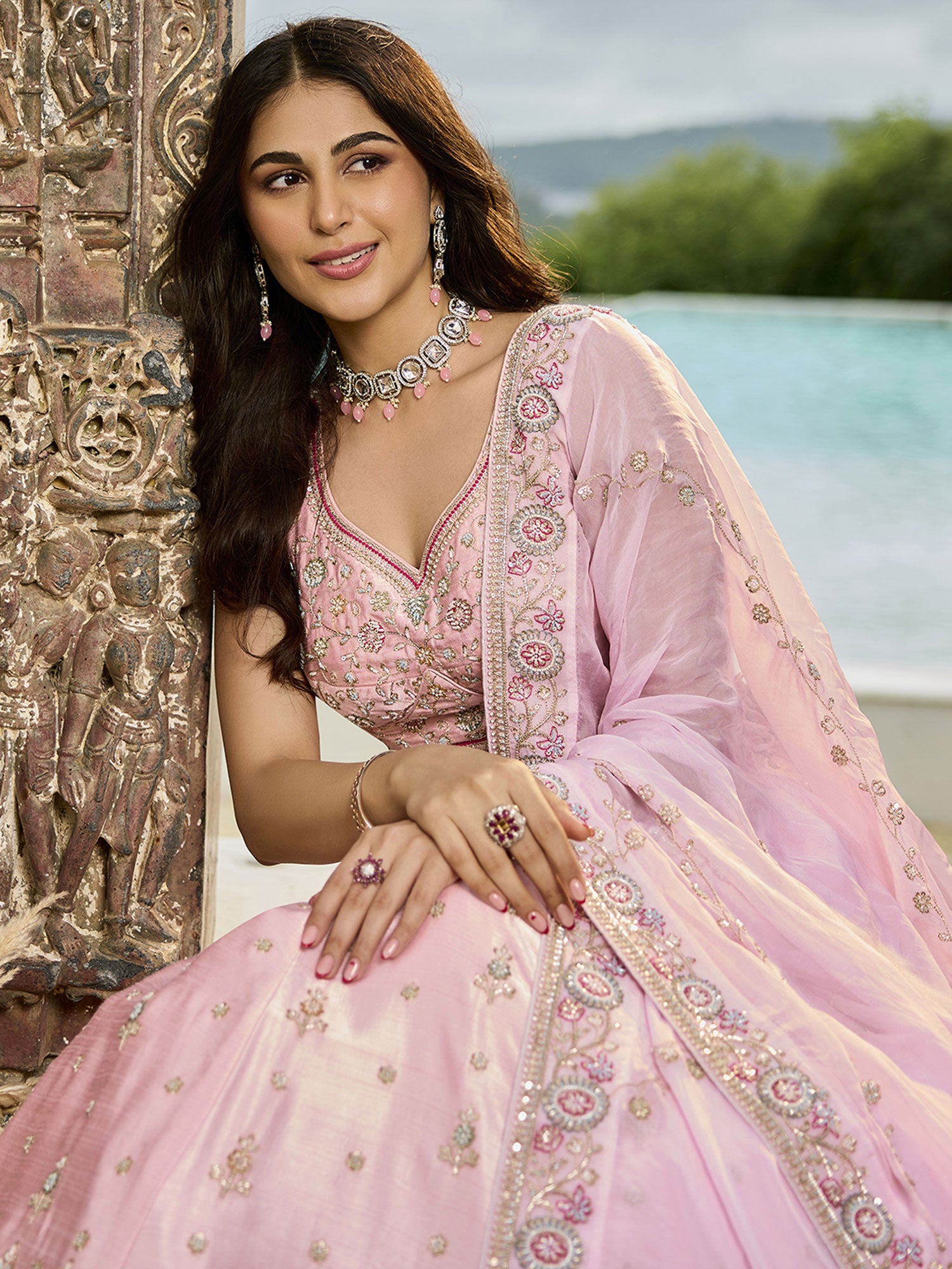 Baby Pink Heavy Embroidered Traditional Lehenga Set
