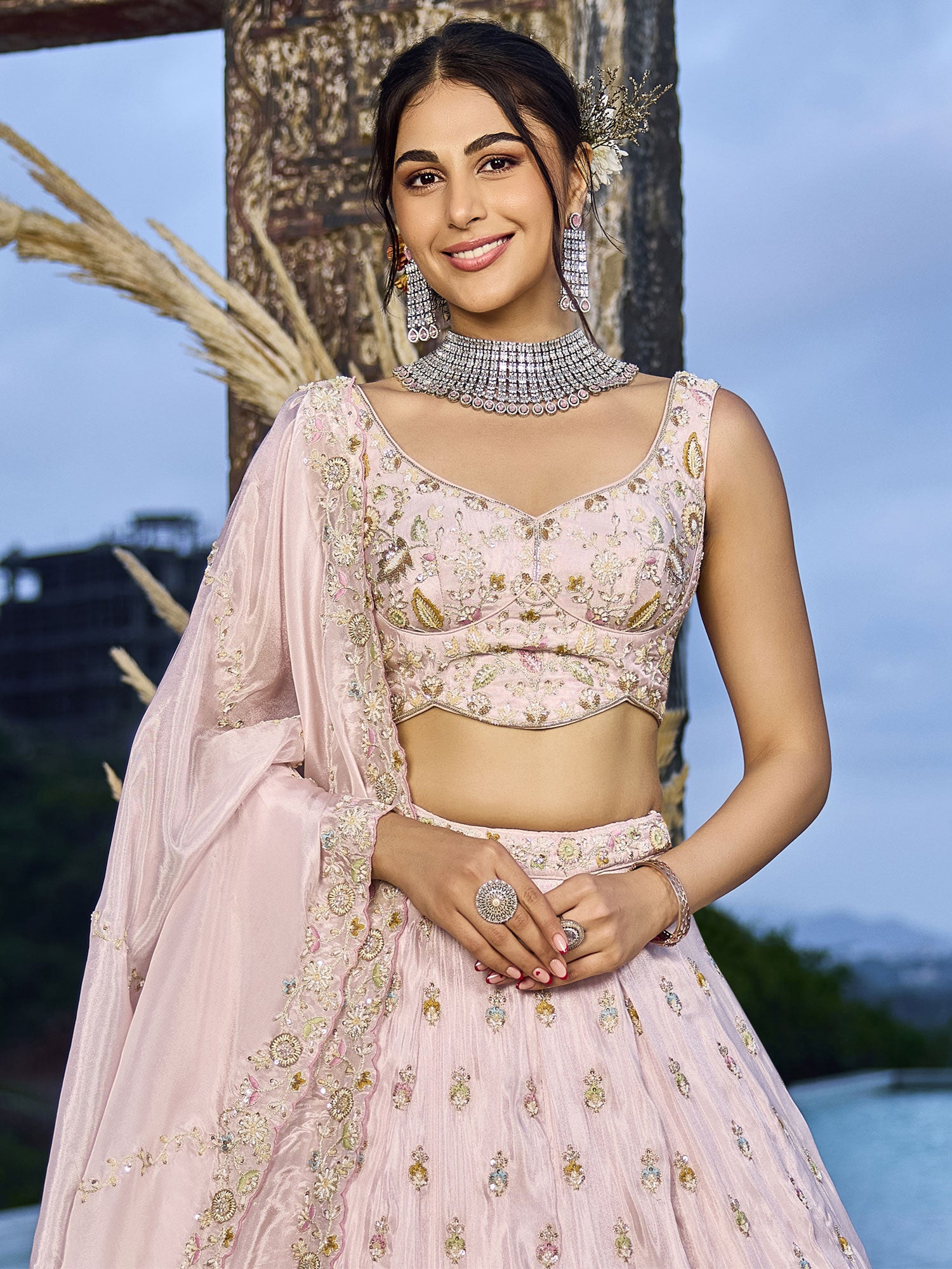 Pastel Pink Floral Embellished Party Lehenga Set