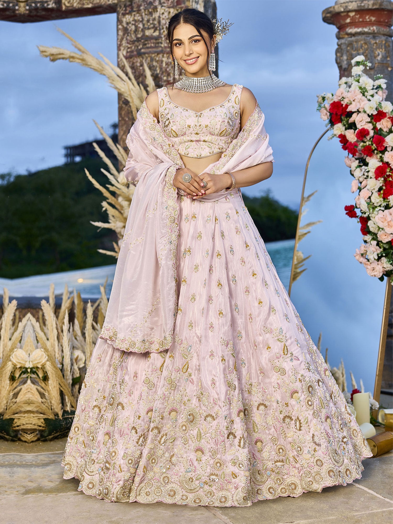Pastel Pink Floral Embellished Party Lehenga Set