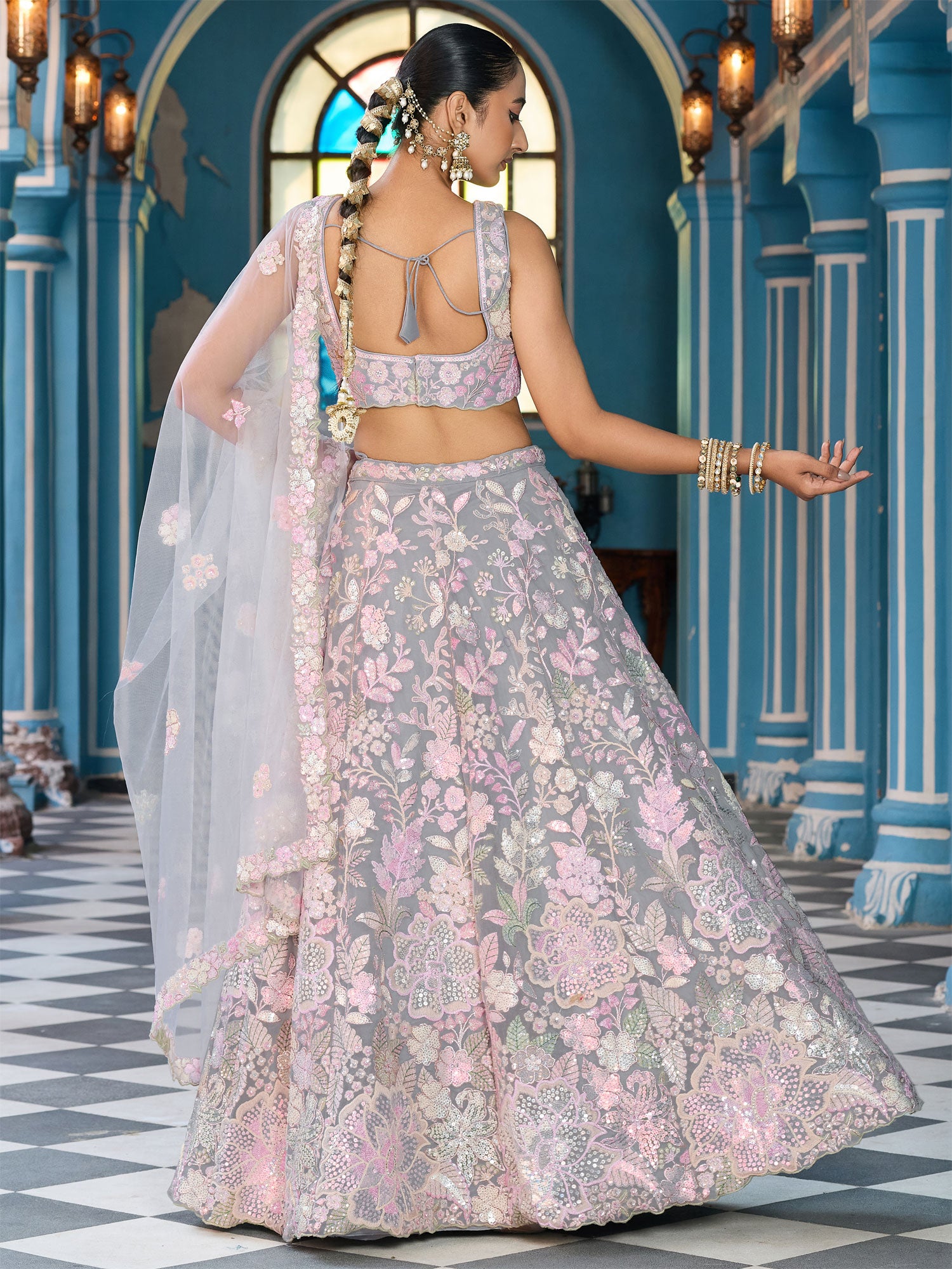 Grey Floral Sequins Embellished Wedding Lehenga Set