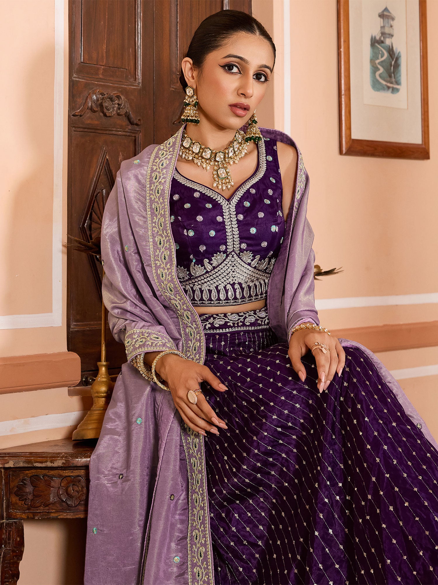 Dark Purple Heavy Embroidered Bridesmaid Lehenga Set