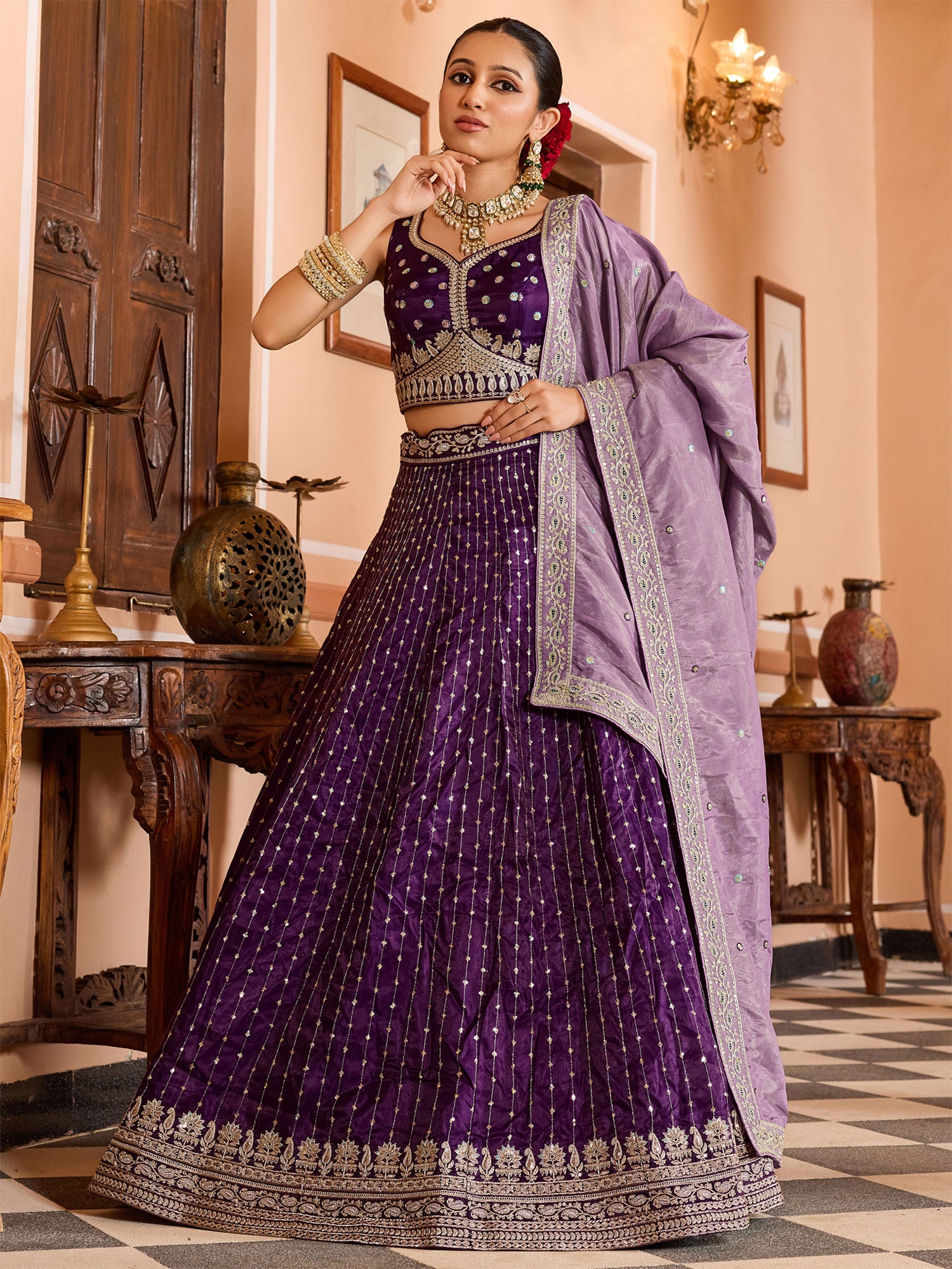 Dark Purple Heavy Embroidered Bridesmaid Lehenga Set