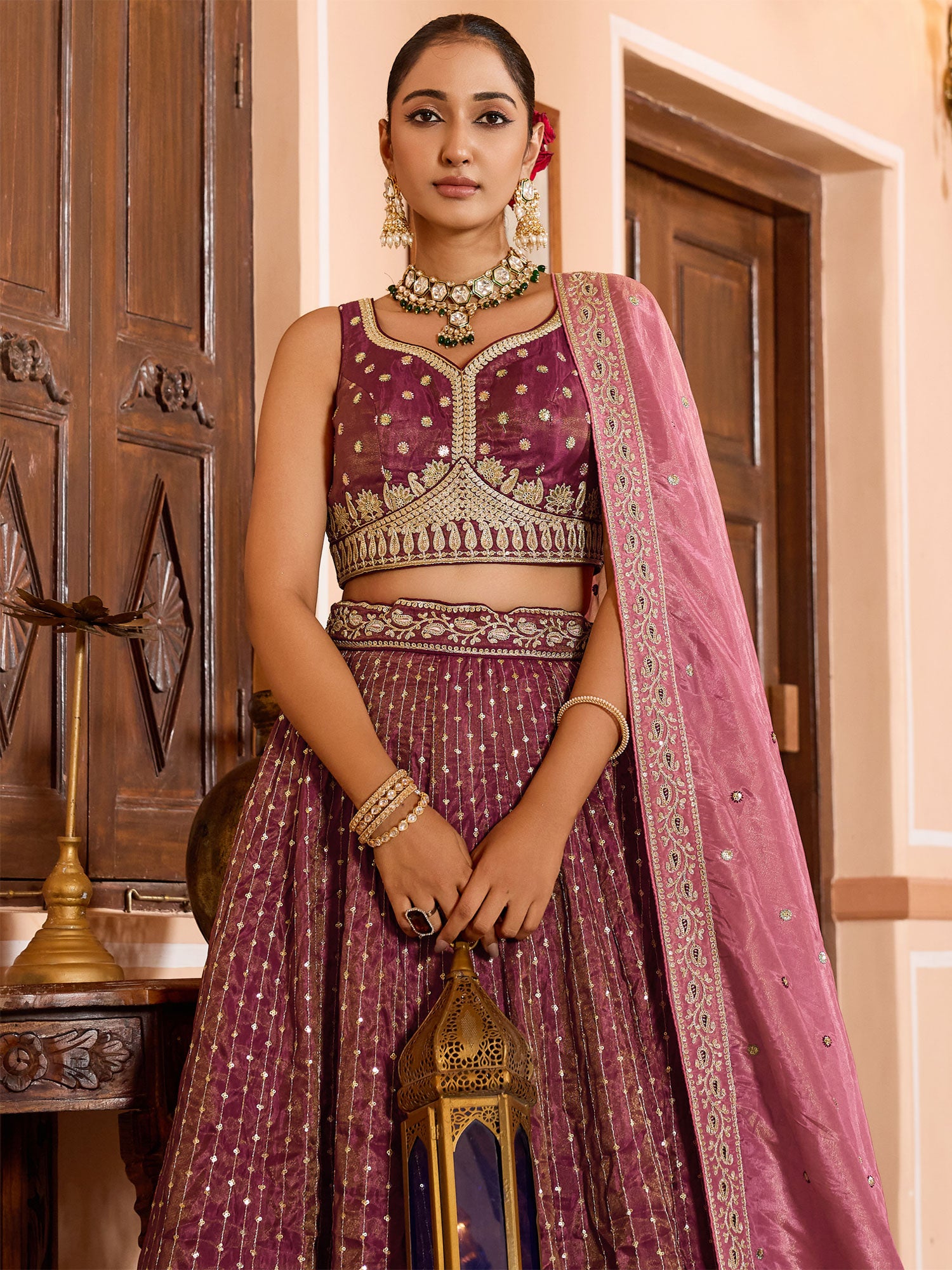 Pink Zari Work Augmented Lehenga Choli Set