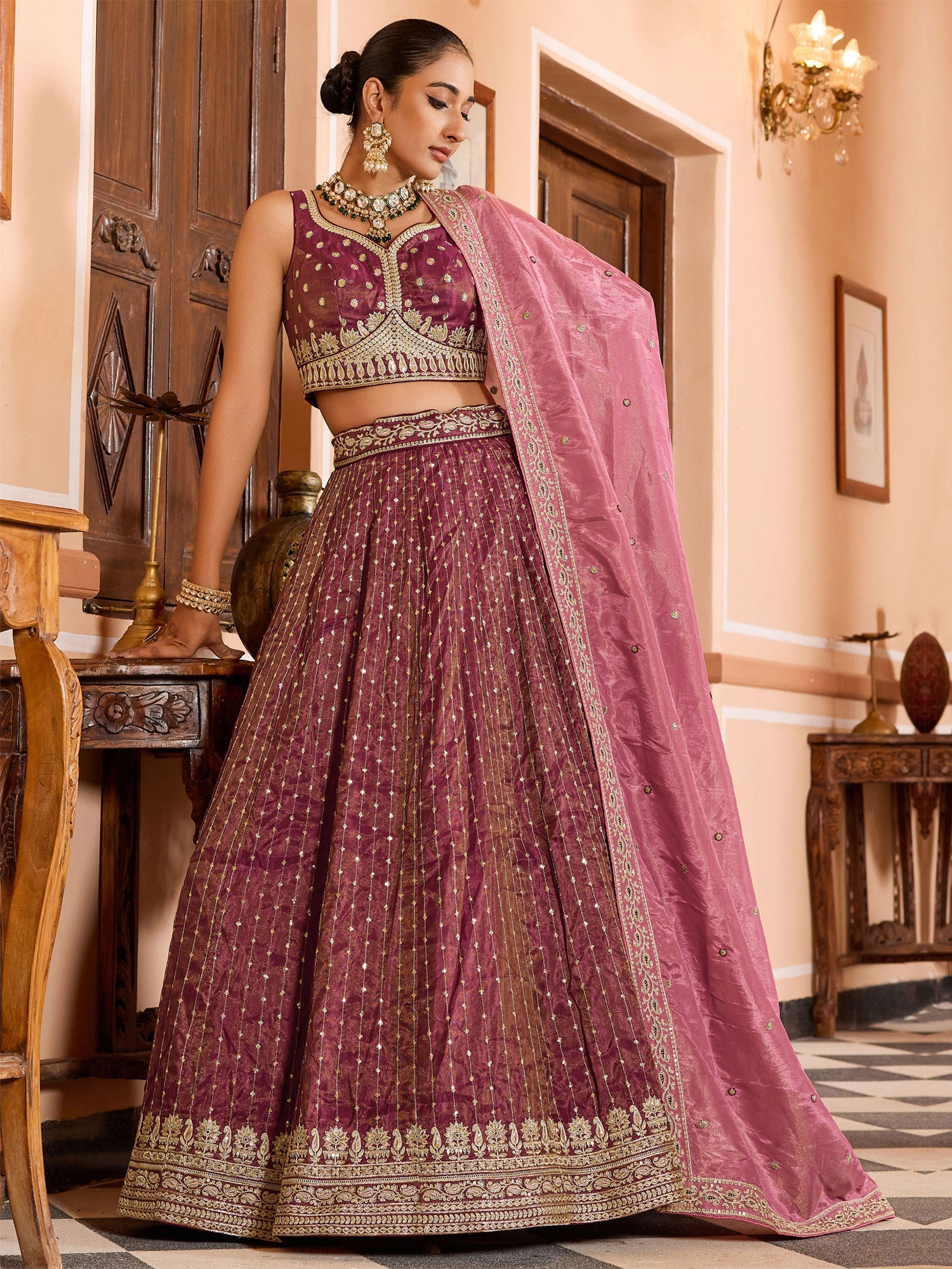 Pink Zari Work Augmented Lehenga Choli Set