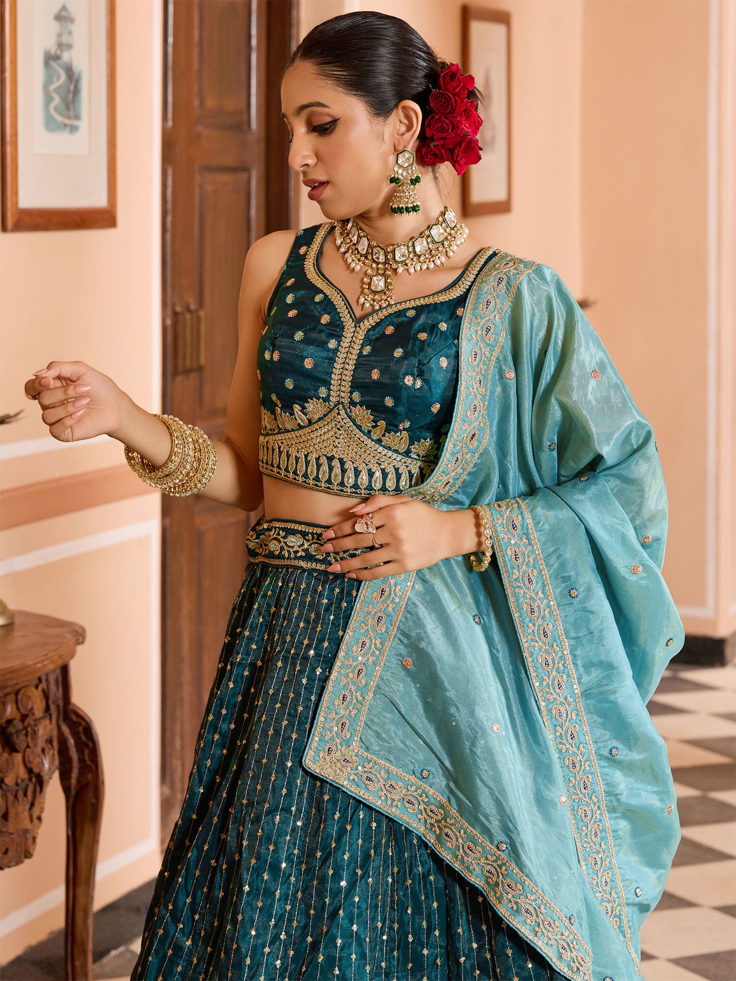 Blue Wedding Wear Lehenga Choli In Tissue Silk