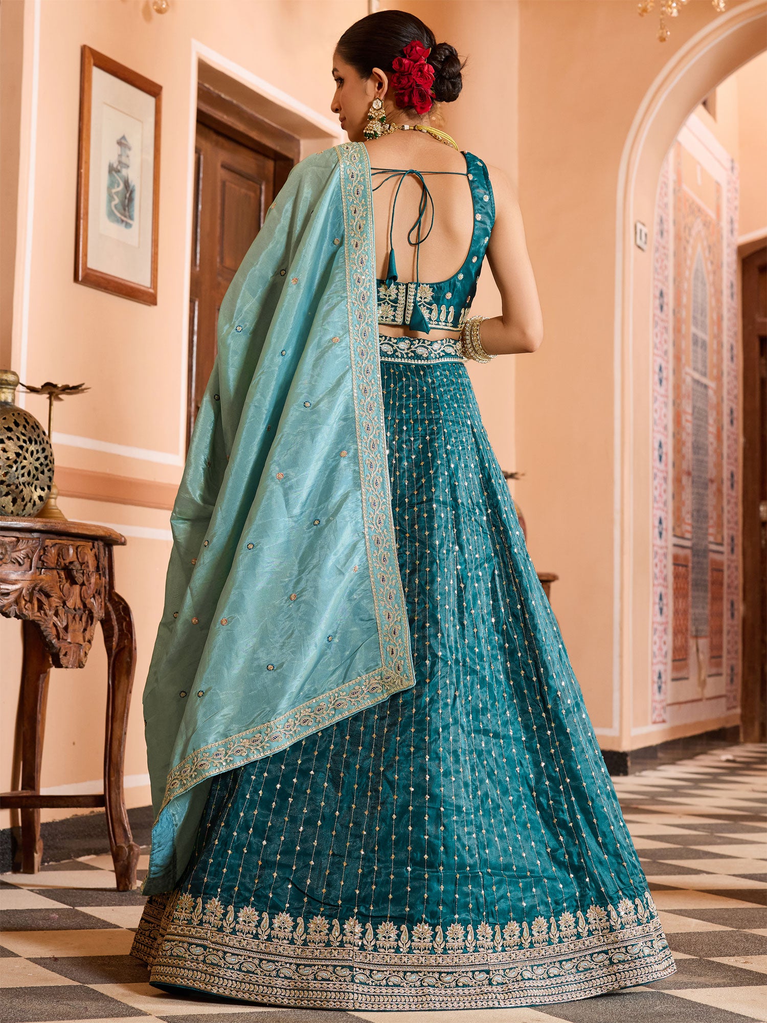 Blue Wedding Wear Lehenga Choli In Tissue Silk