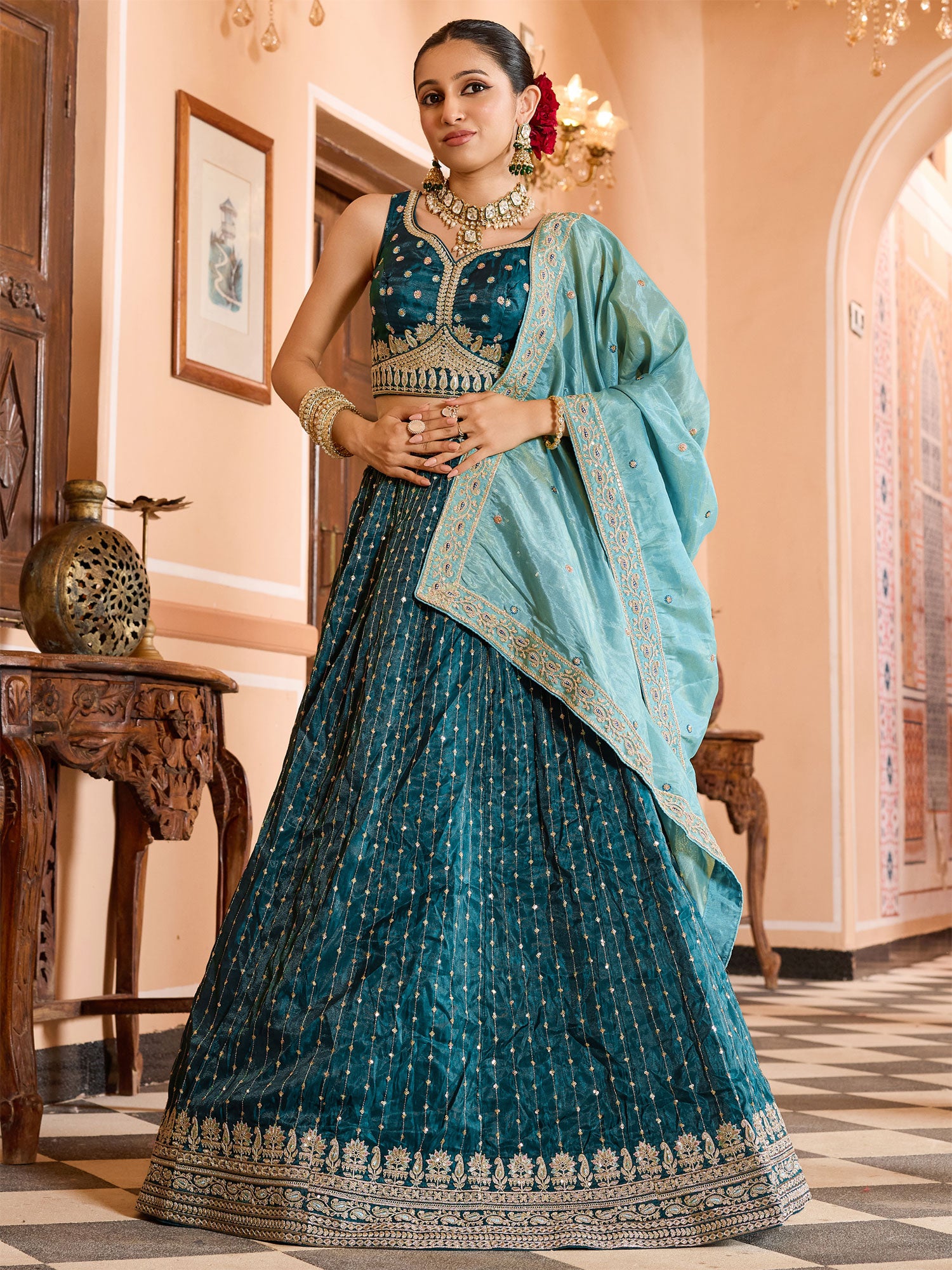 Blue Wedding Wear Lehenga Choli In Tissue Silk